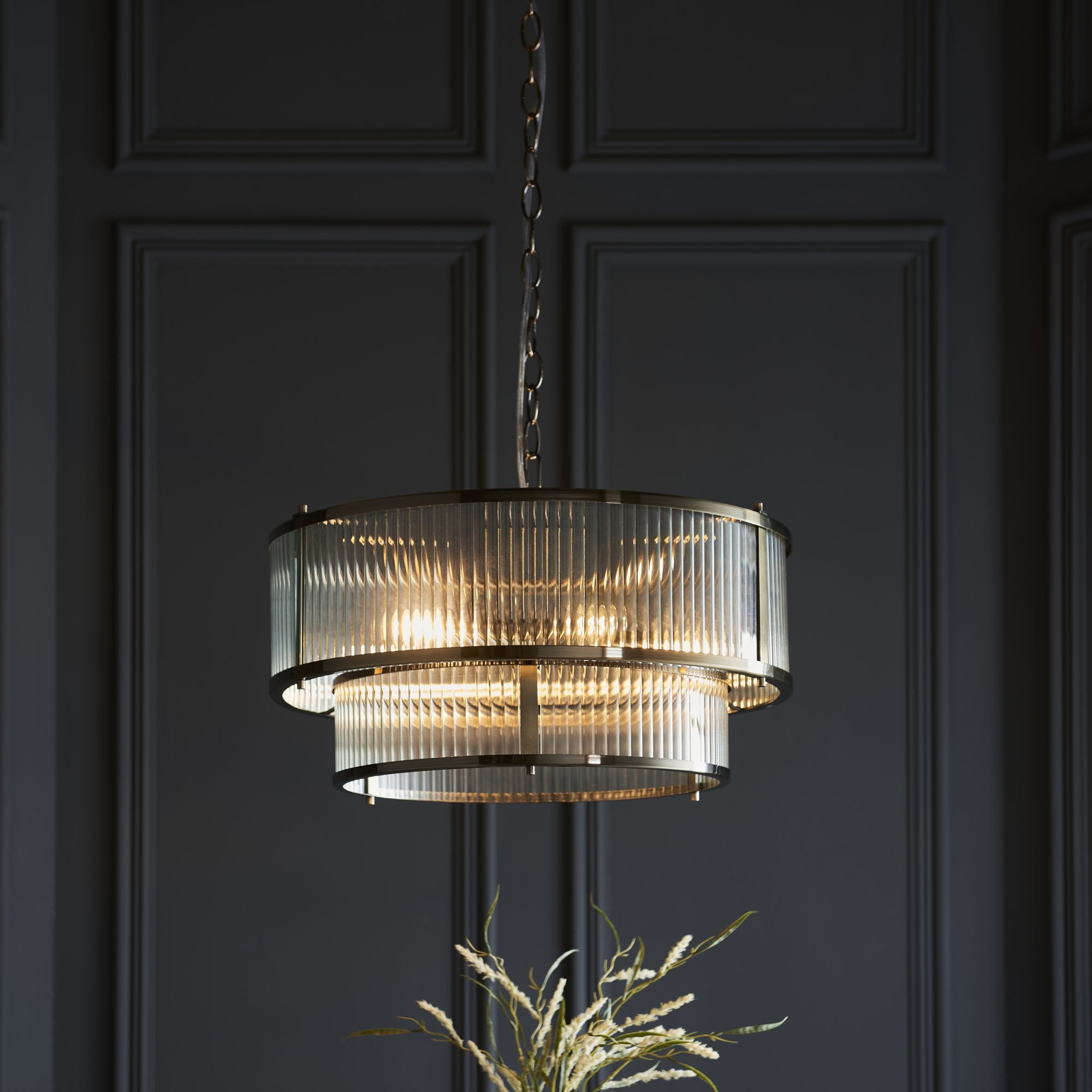 Endon Ridgeton 5 Light Pendant - Antique Brass Plate & Clear Ribbed Glass