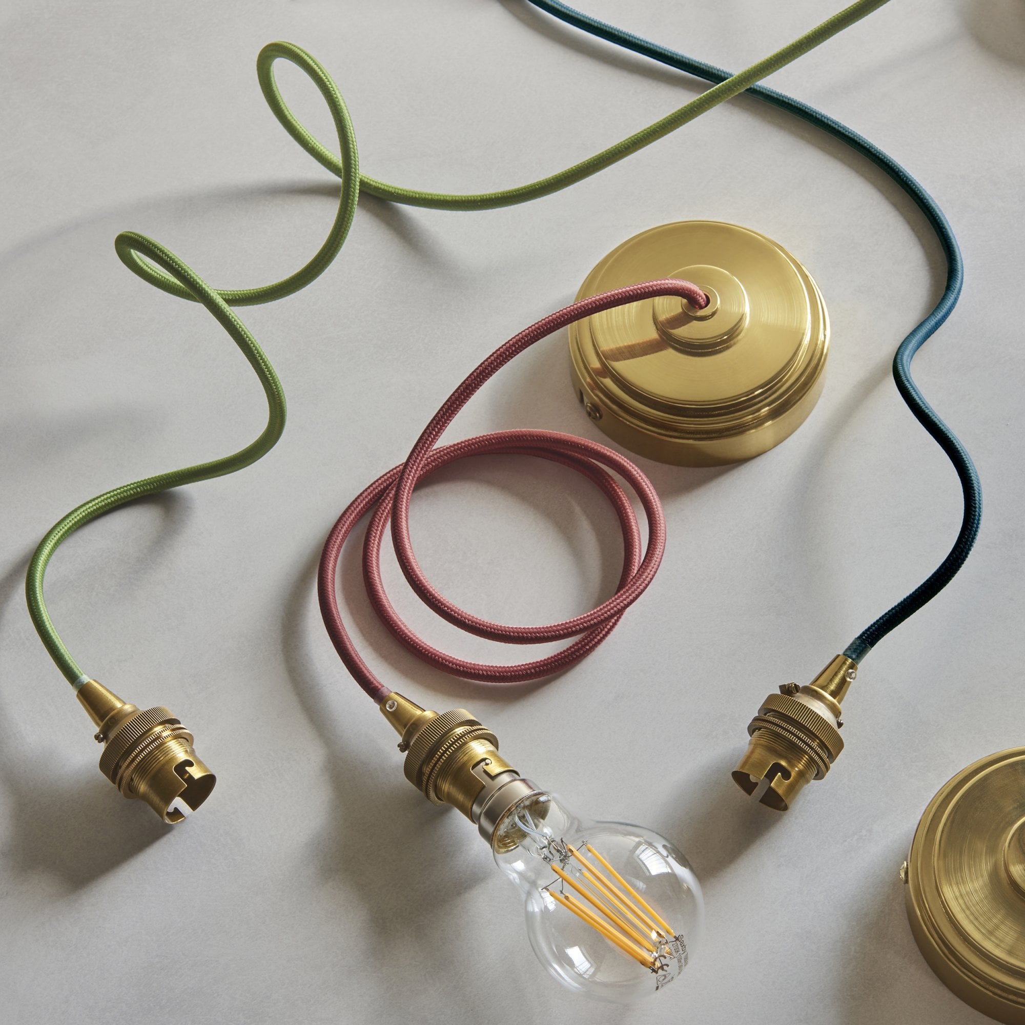 Endon Eltham Single Light Pendant - Brushed Aged Brass Plate & Red Flex