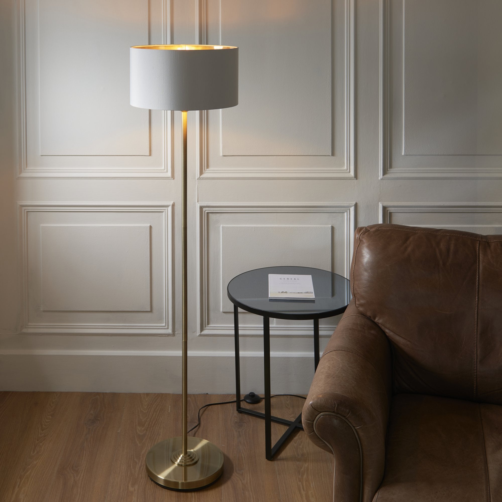 Endon Highclere Single Light Floor - Antique Brass Plate & Vintage White Fabric