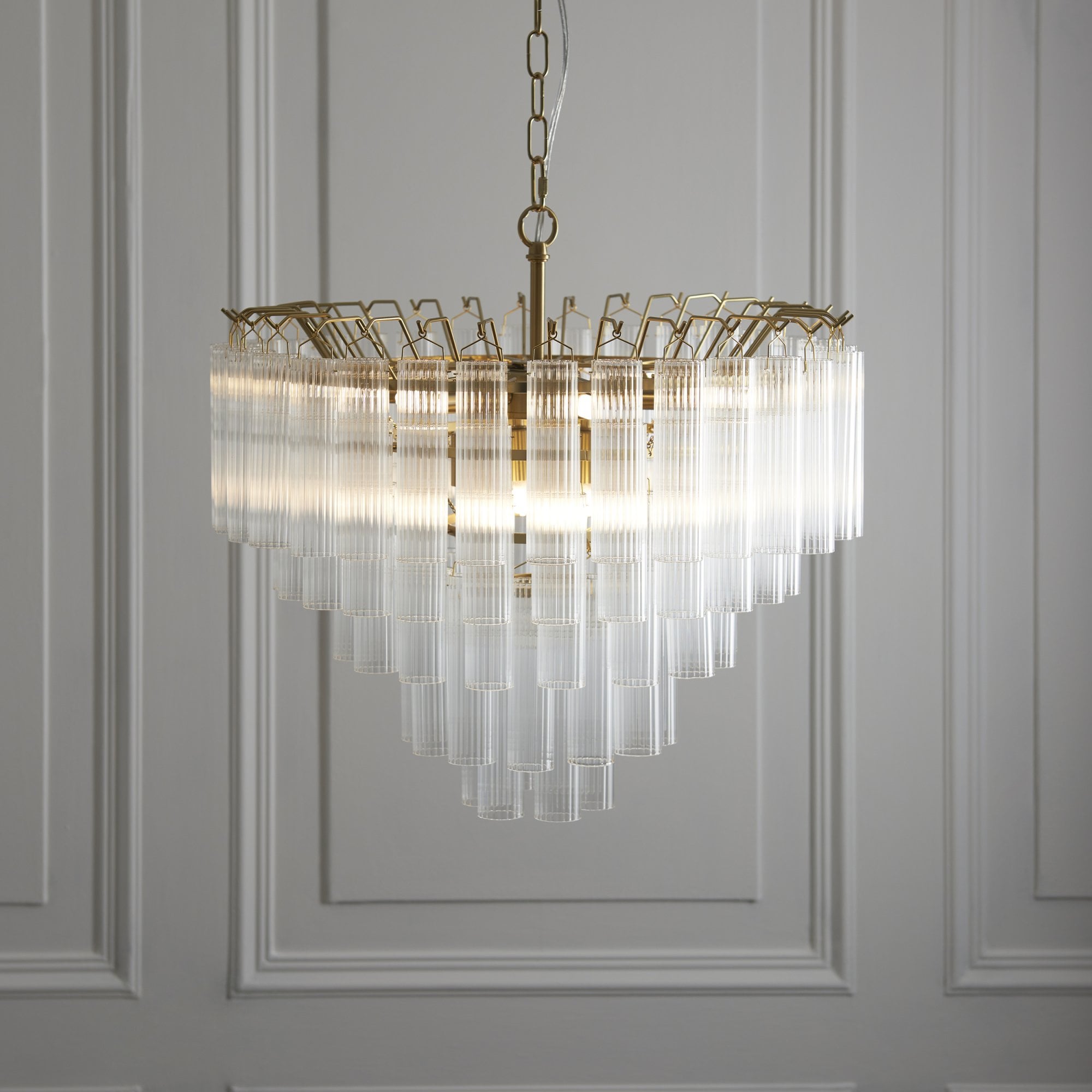 Endon Toulouse 12 Light Pendant - Satin Brass Plate & Clear Ribbed Glass - Flat Edge