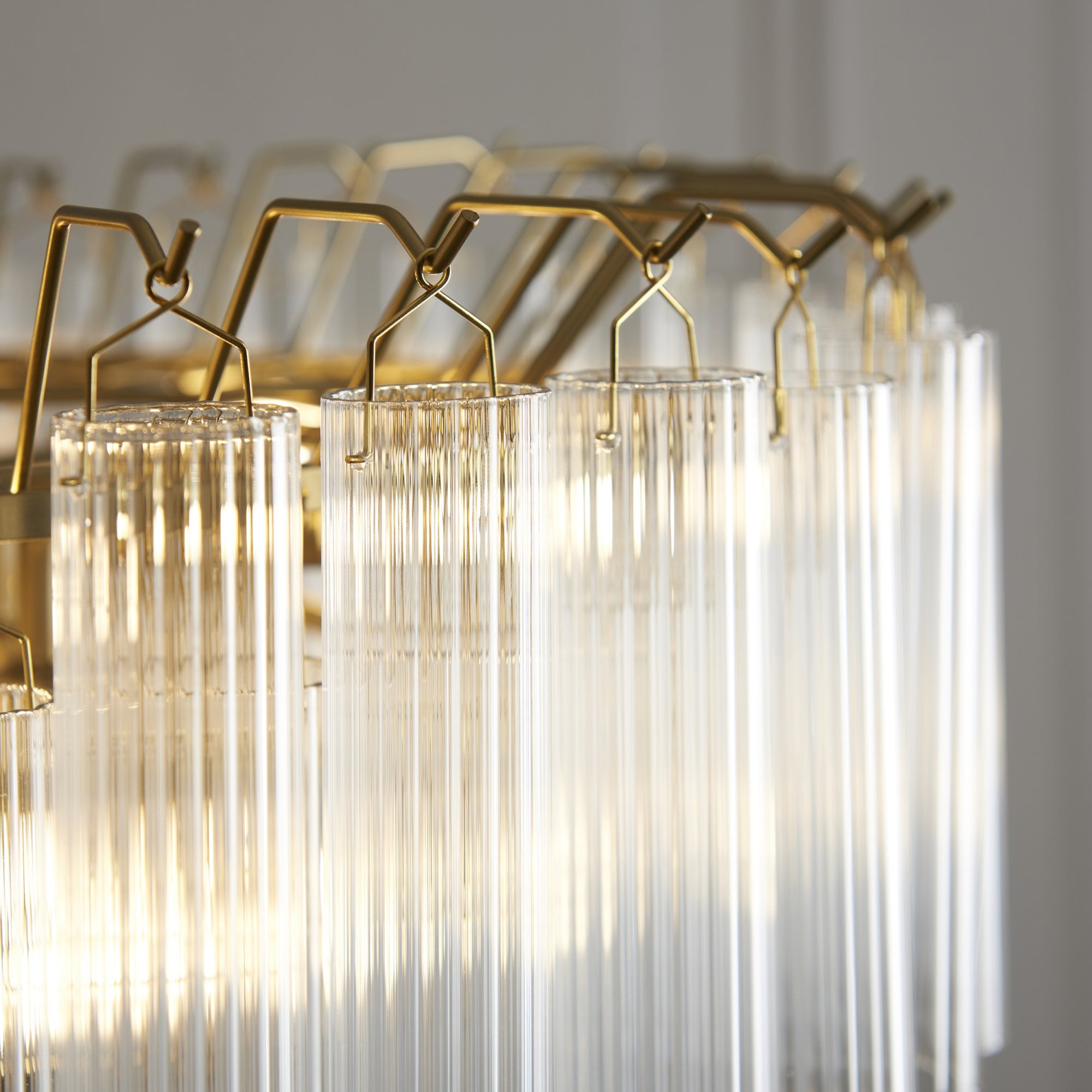 Endon Toulouse 12 Light Pendant - Satin Brass Plate & Clear Ribbed Glass - Flat Edge