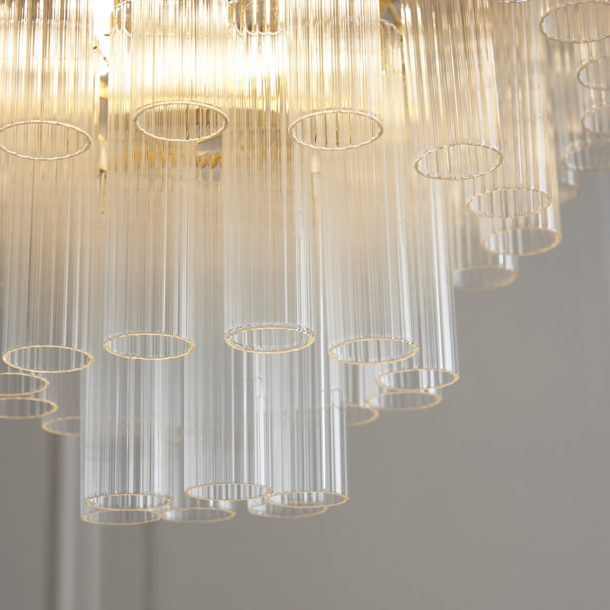 Endon Toulouse 12 Light Pendant - Satin Brass Plate & Clear Ribbed Glass - Flat Edge