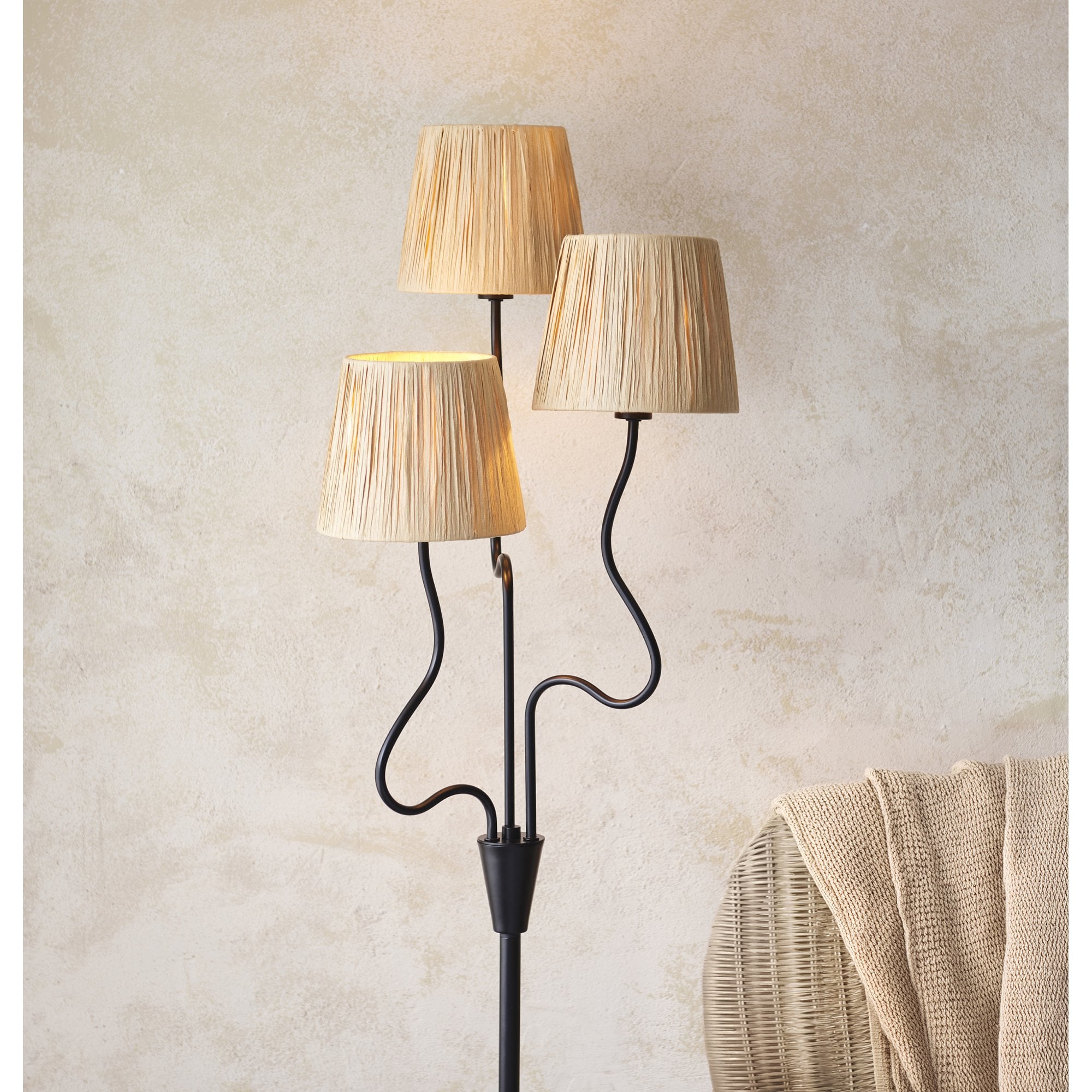 Endon Wriggle 3 Light Floor - Matt Black & Natural Raffia