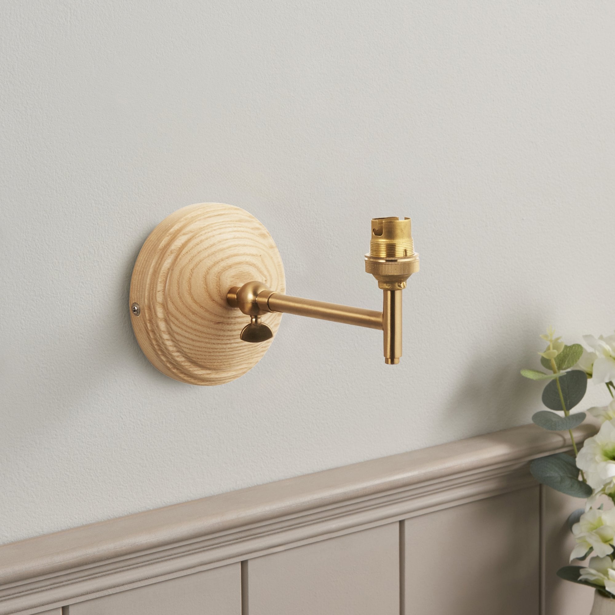 Endon Wood Wing Single Light Wall - Ash Wood & Brushed Aged Brass Plate