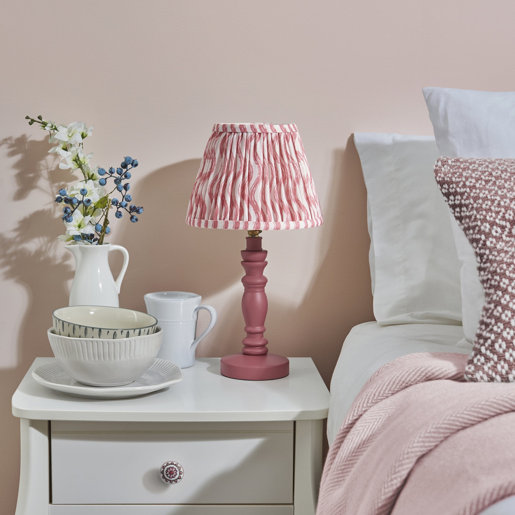 Endon Bibury Satin Pink Clay Table Lamp & Ripple 20cm Coral Pink Shade