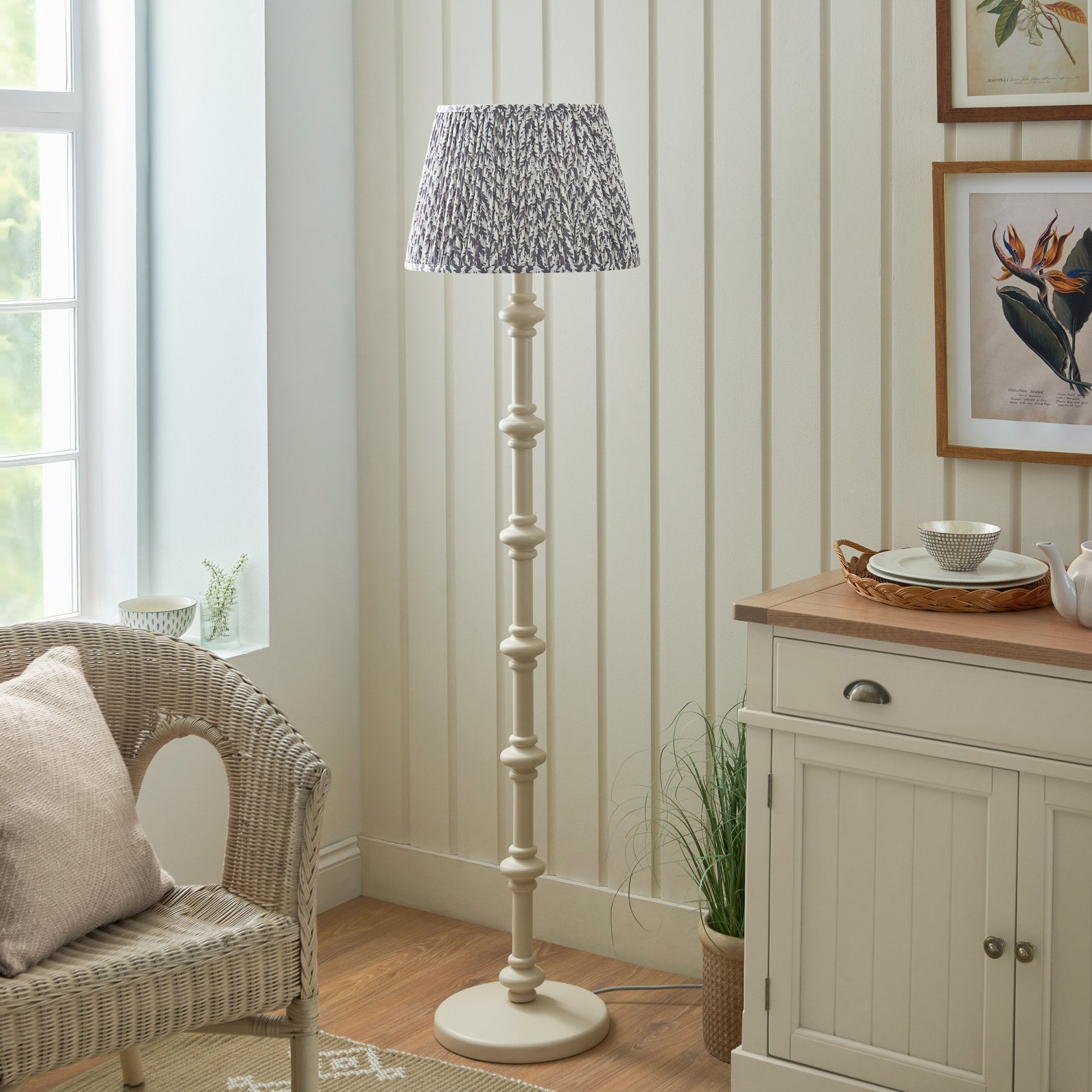 Endon Carnaby Satin Almond White Floor Lamp & Leaf 40cm Pearl Grey Shade
