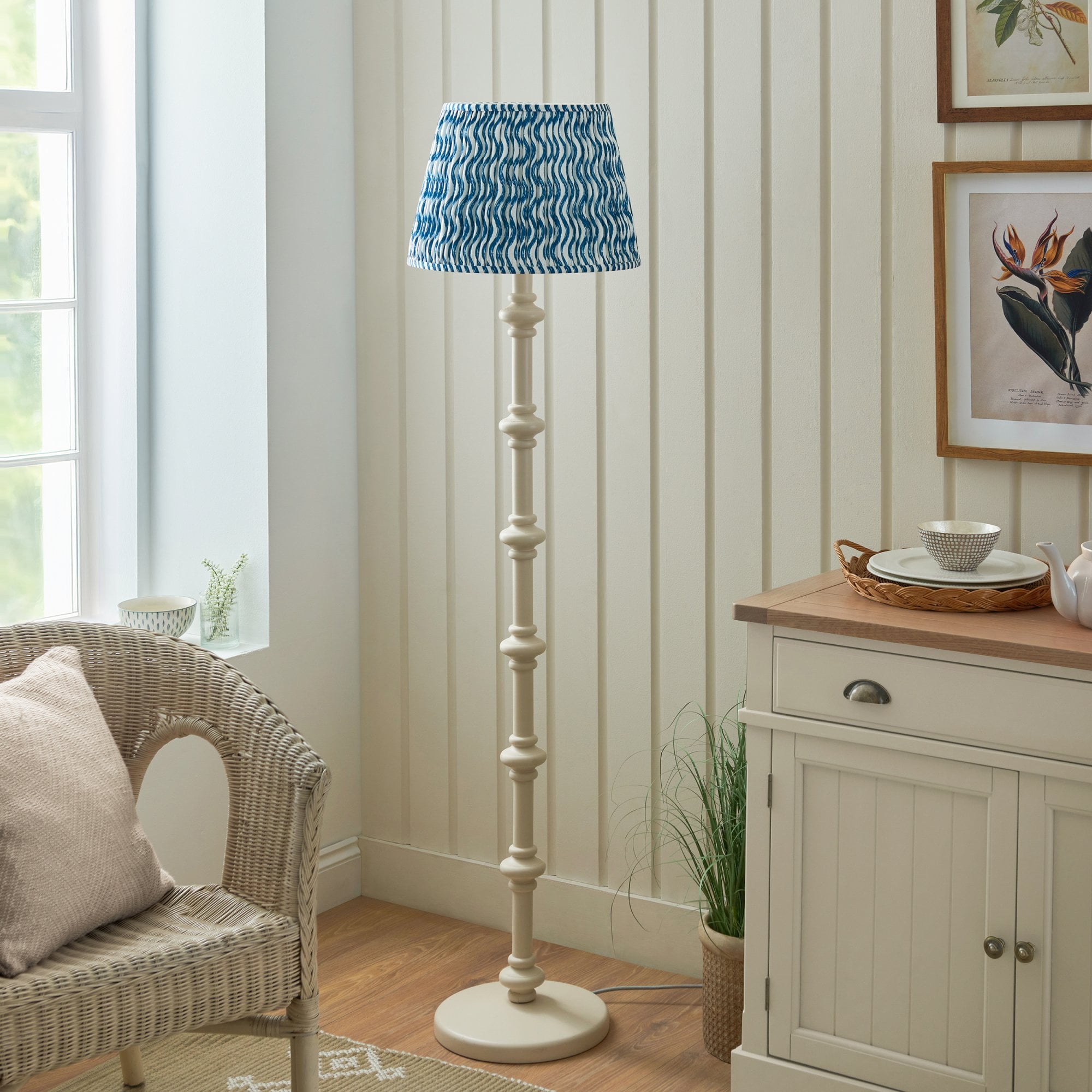 Endon Carnaby Satin Almond White Floor Lamp & Ripple 40cm Marlin Blue Shade