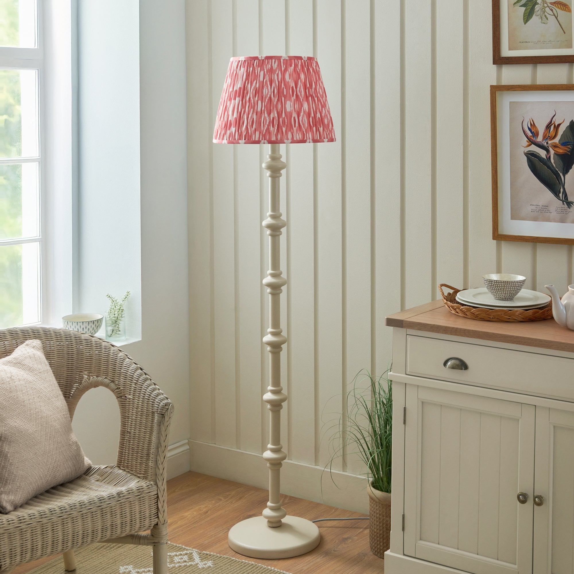 Endon Carnaby Satin Almond White Floor Lamp & Ikat 40cm Coral Pink Shade