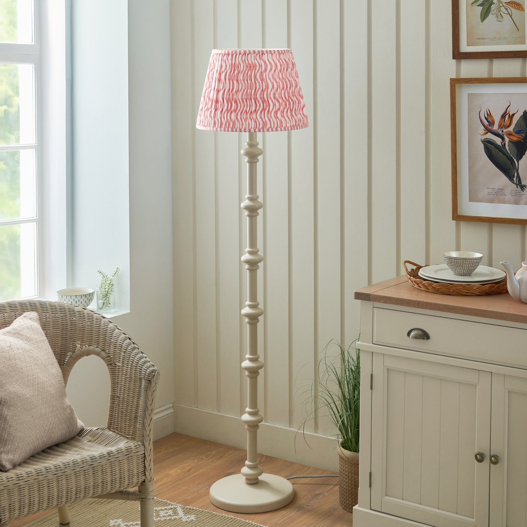 Endon Carnaby Satin Almond White Floor Lamp & Ripple 40cm Coral Pink Shade