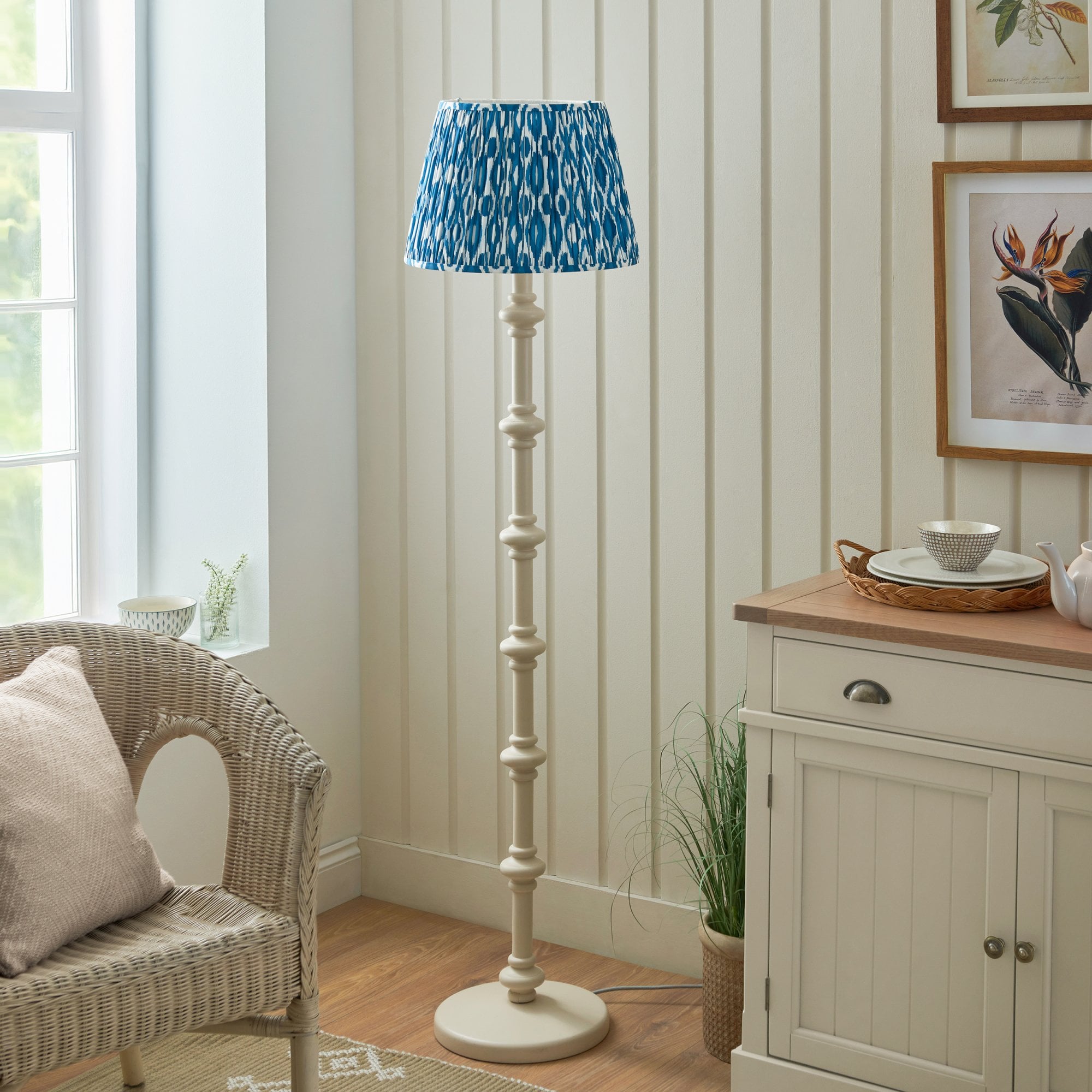 Endon Carnaby Satin Almond White Floor Lamp & Ikat 40cm Marlin Blue Shade
