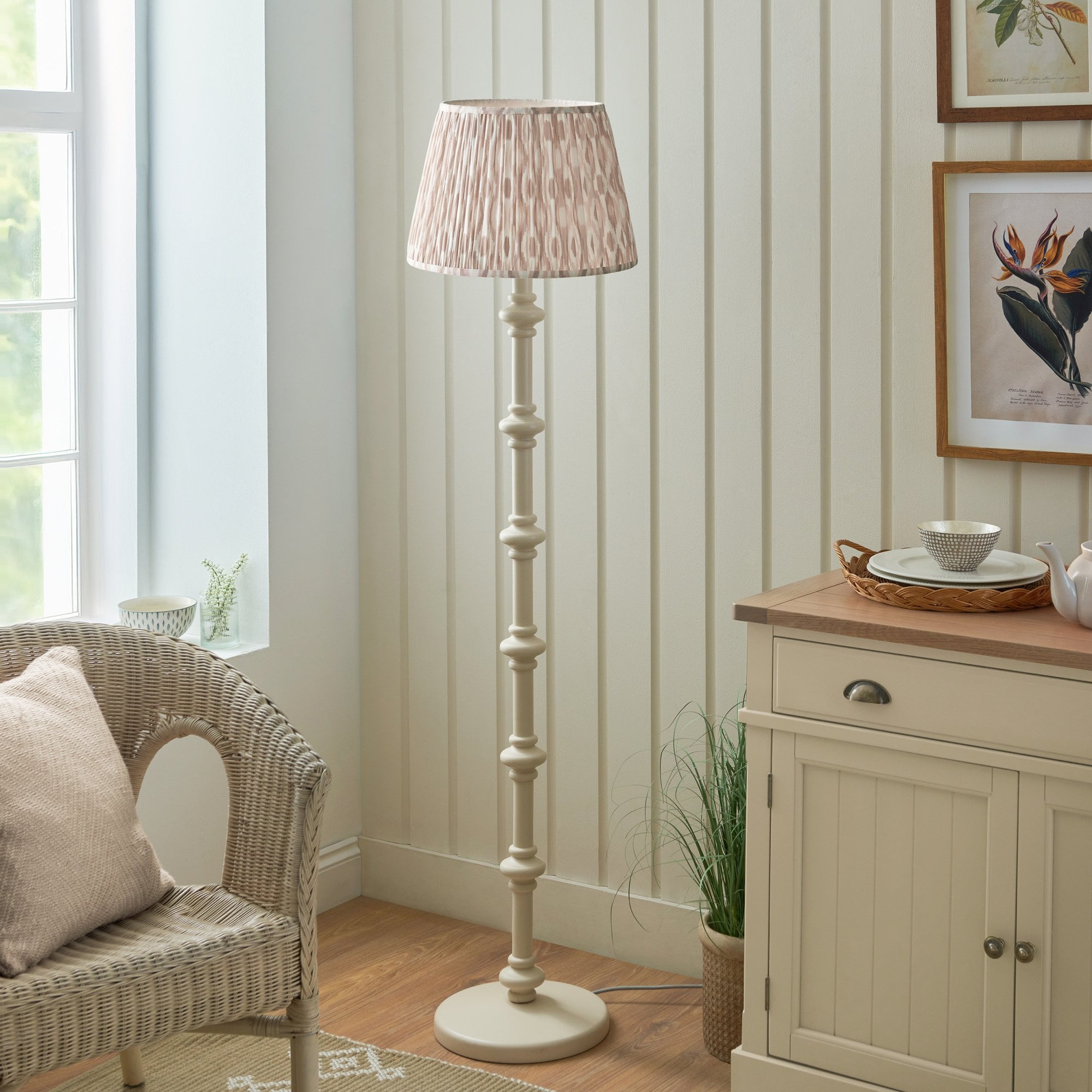 Endon Carnaby Satin Almond White Floor Lamp & Ikat 40cm Neutral Shade