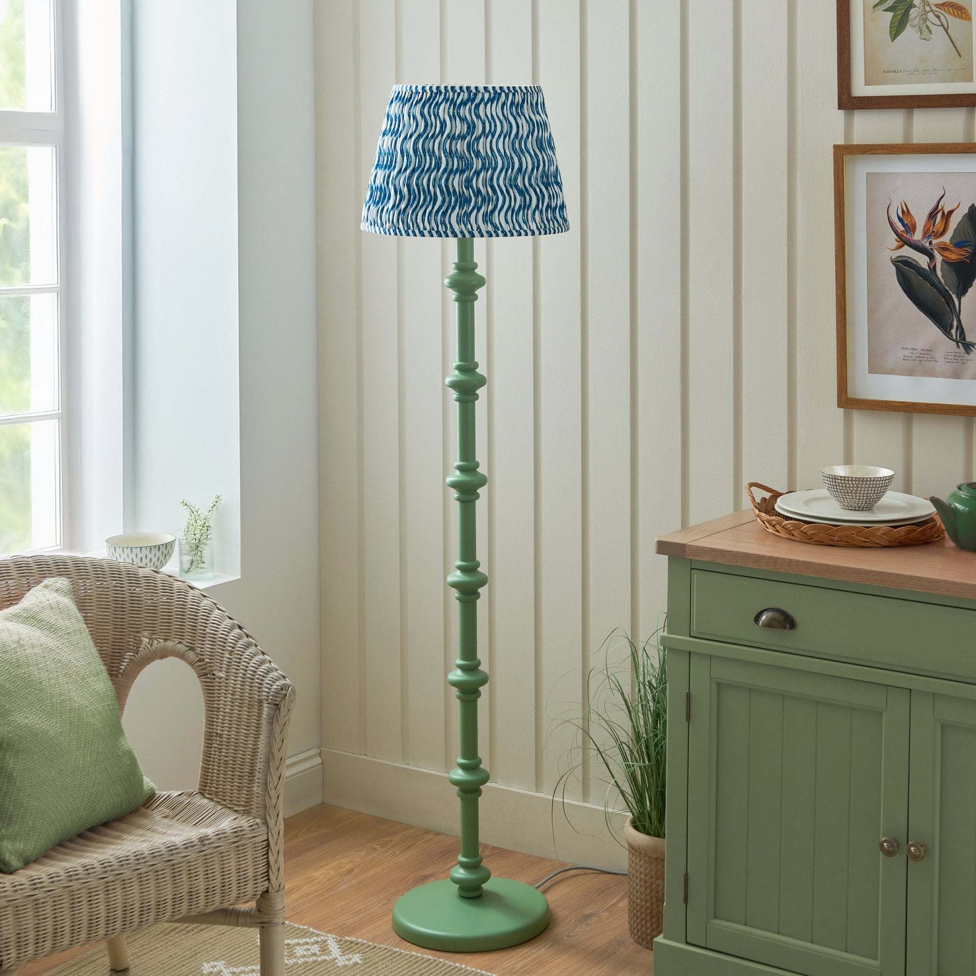 Endon Carnaby Satin Cotswold Green Floor Lamp & Ripple 40cm Marlin Blue Shade