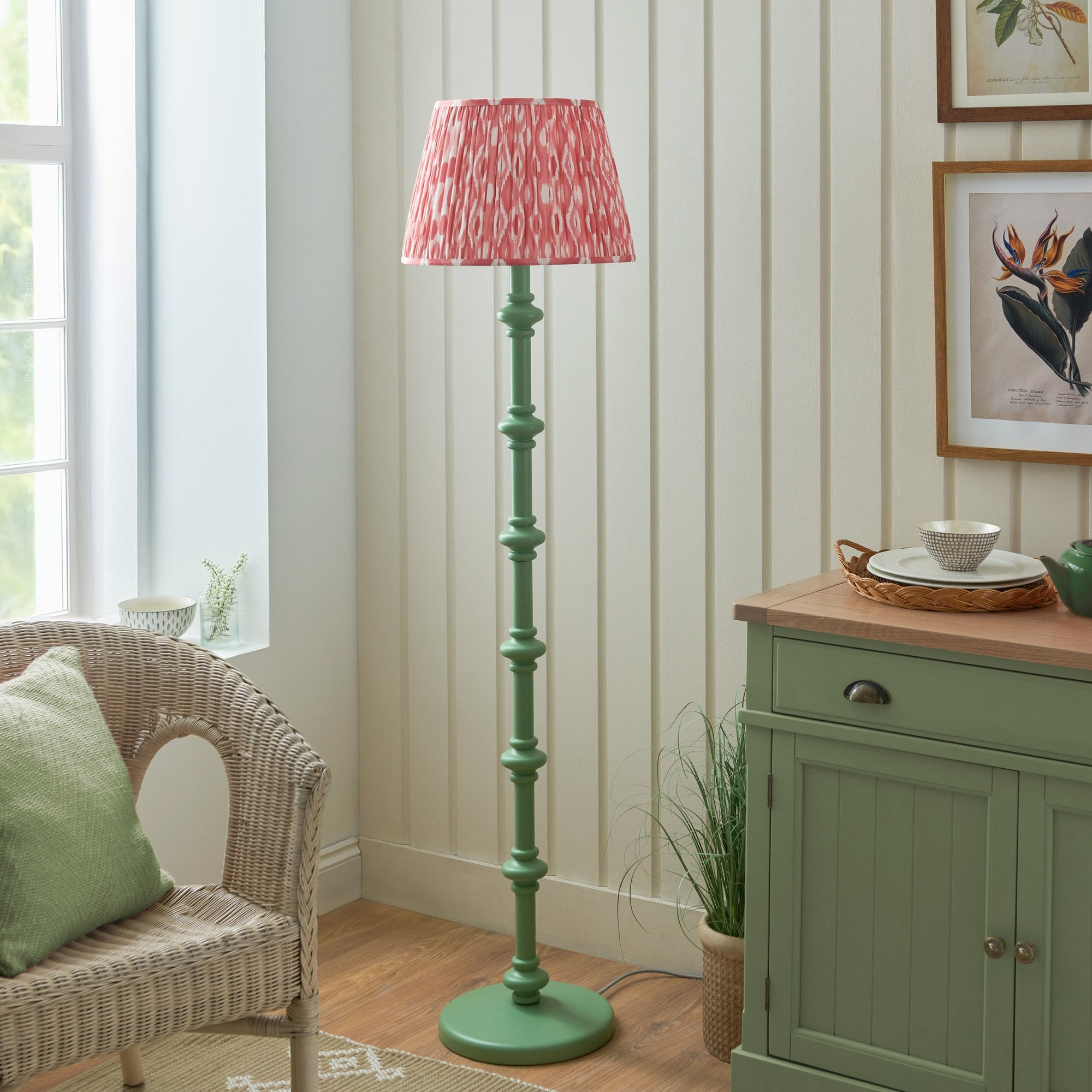 Endon Carnaby Satin Cotswold Green Floor Lamp & Ikat 40cm Coral Pink Shade