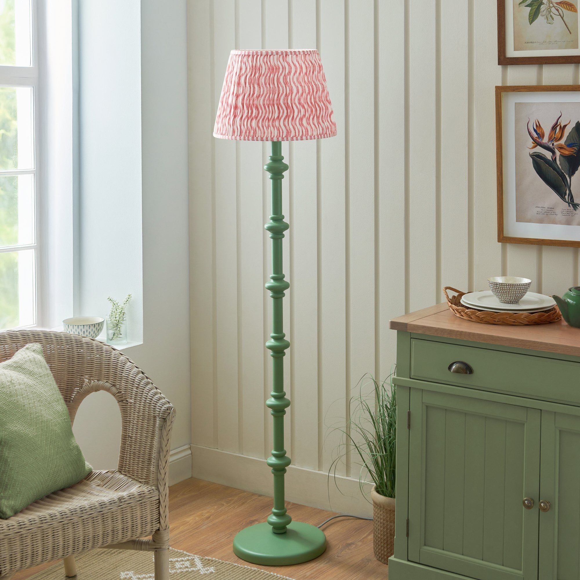 Endon Carnaby Satin Cotswold Green Floor Lamp & Ripple 40cm Coral Pink Shade