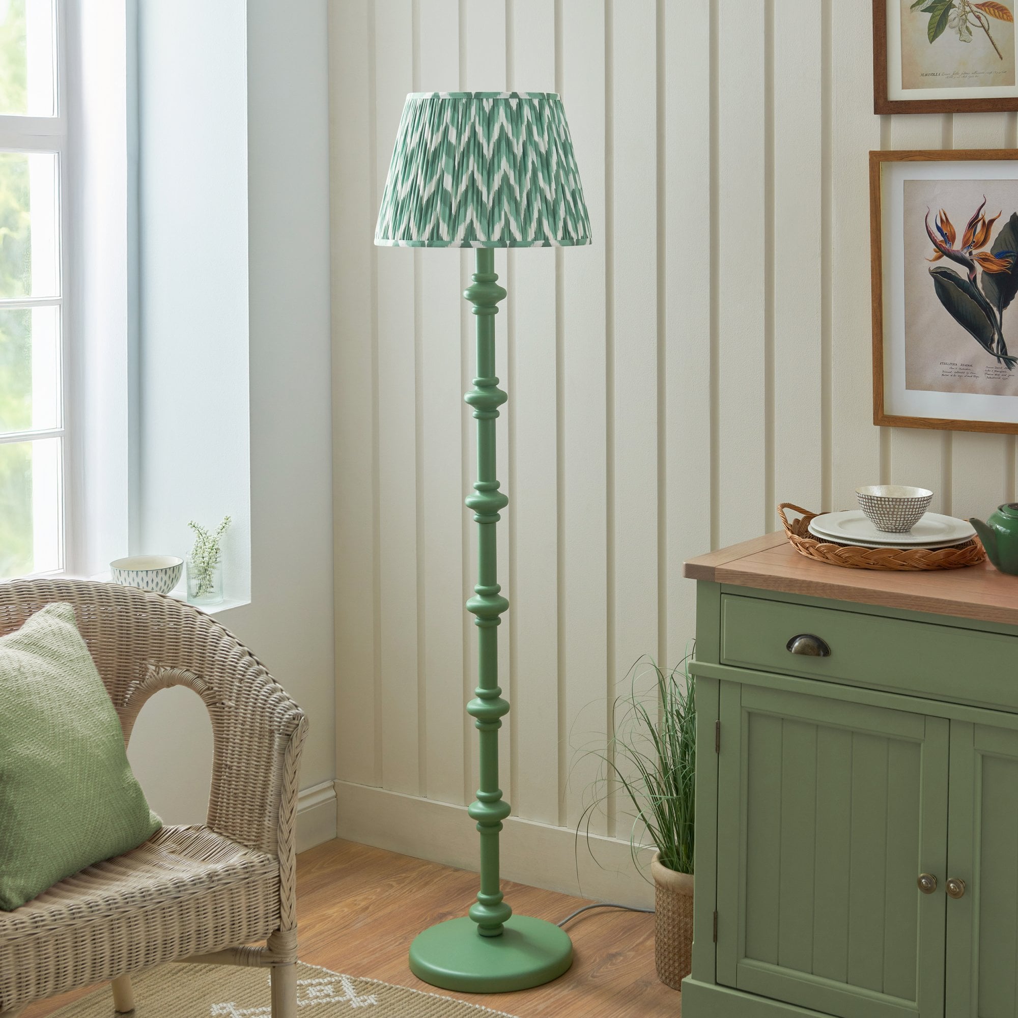 Endon Carnaby Satin Cotswold Green Floor Lamp & Zigzag 40cm Cotswold Green Shade