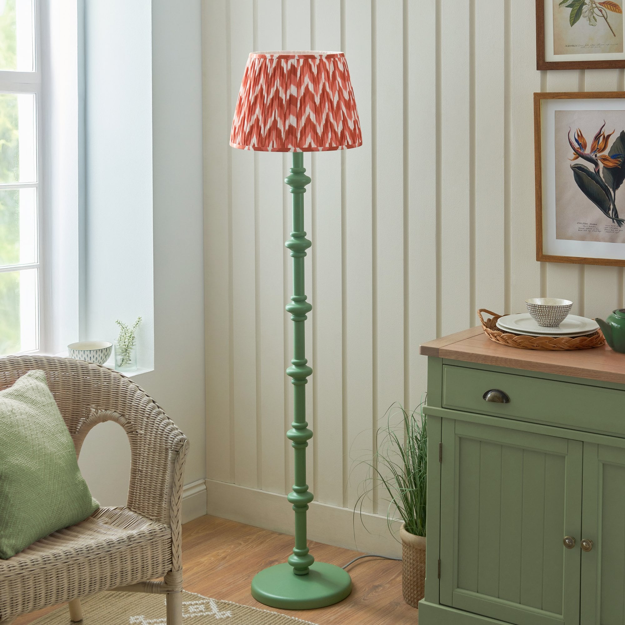Endon Carnaby Satin Cotswold Green Floor Lamp & Zigzag 40cm Apricot Orange Shade