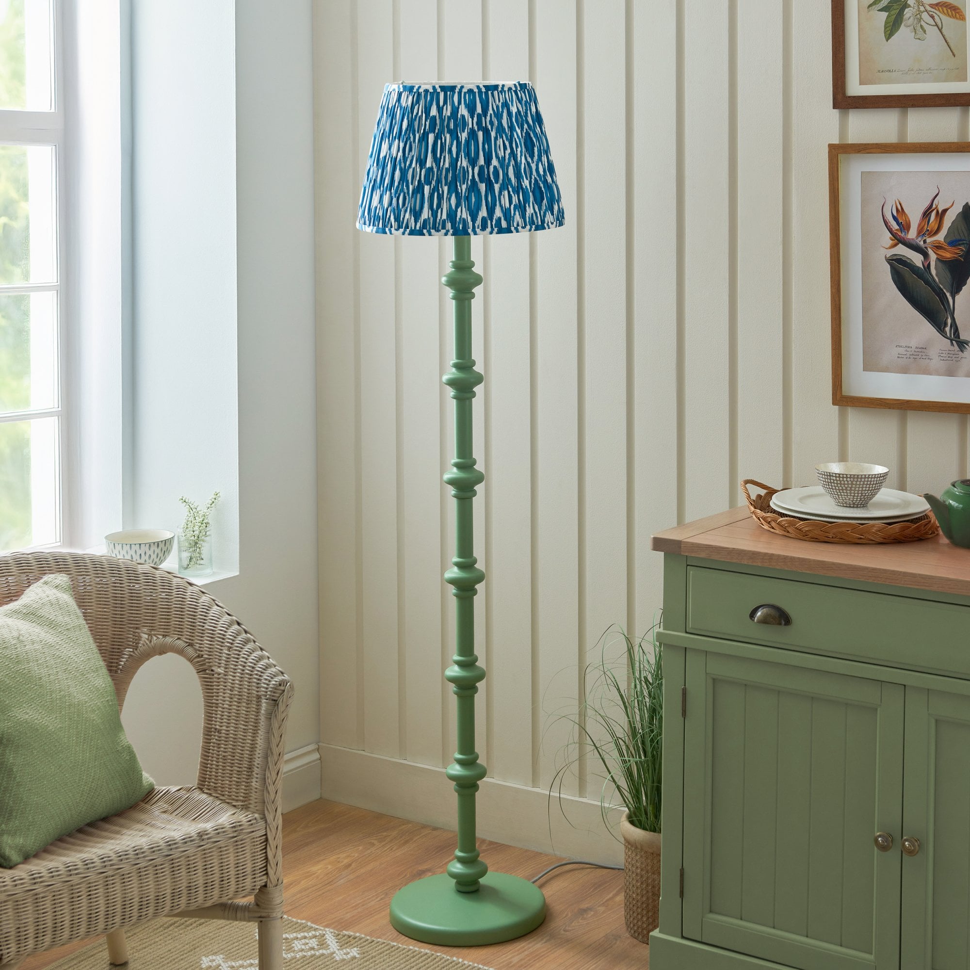 Endon Carnaby Satin Cotswold Green Floor Lamp & Ikat 40cm Marlin Blue Shade