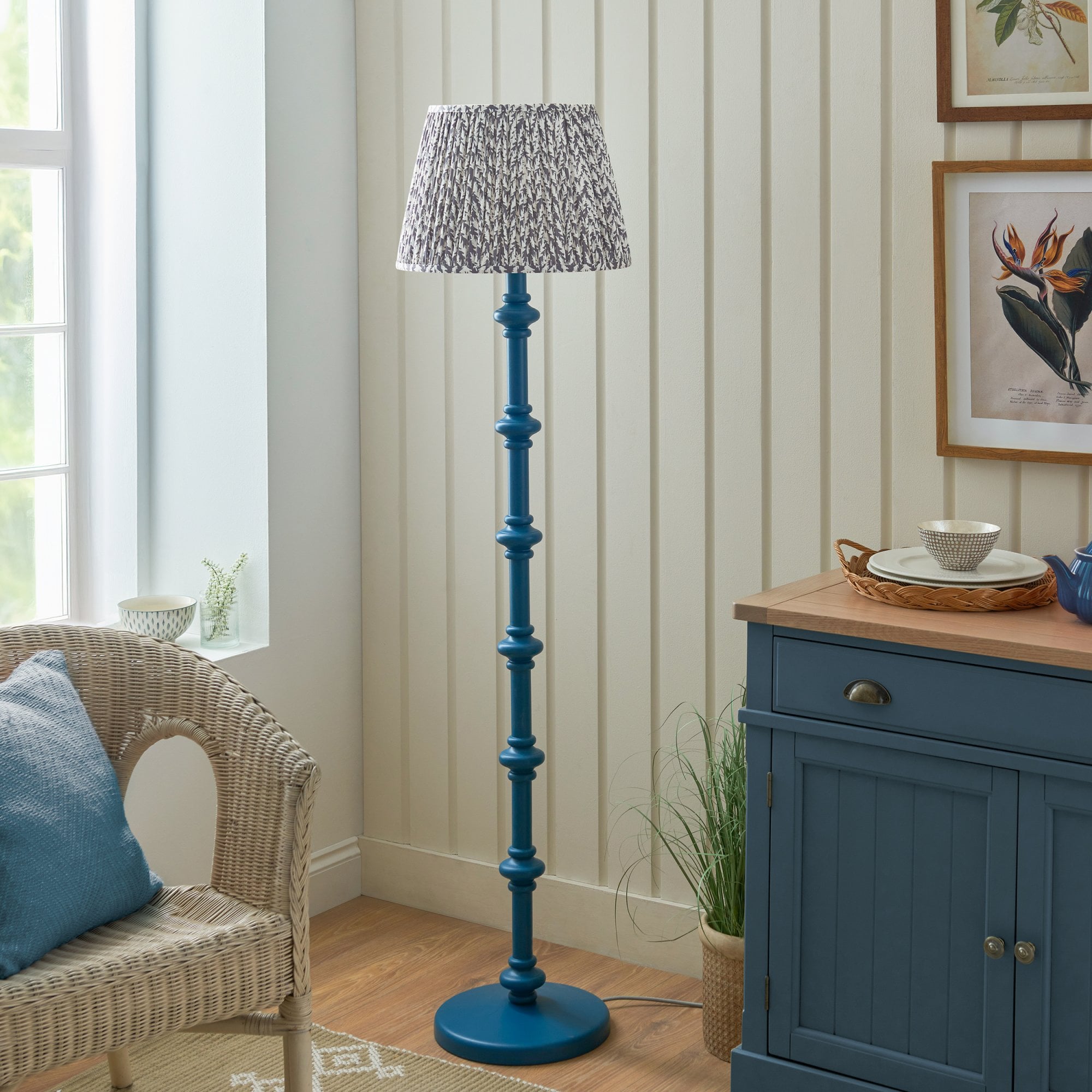 Endon Carnaby Satin Marlin Blue Floor Lamp & Leaf 40cm Pearl Grey Shade