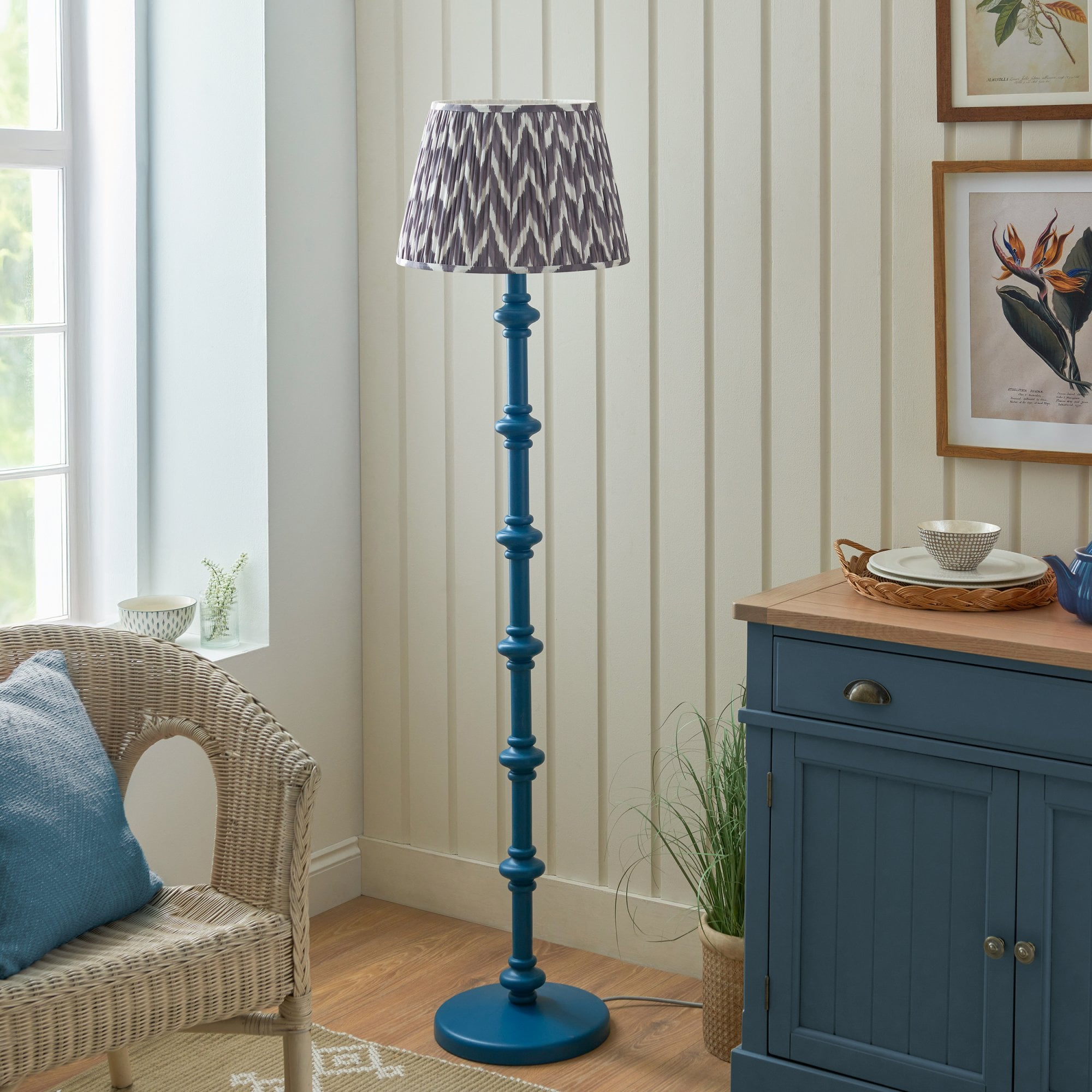 Endon Carnaby Satin Marlin Blue Floor Lamp & Zigzag 40cm Pearl Grey Shade