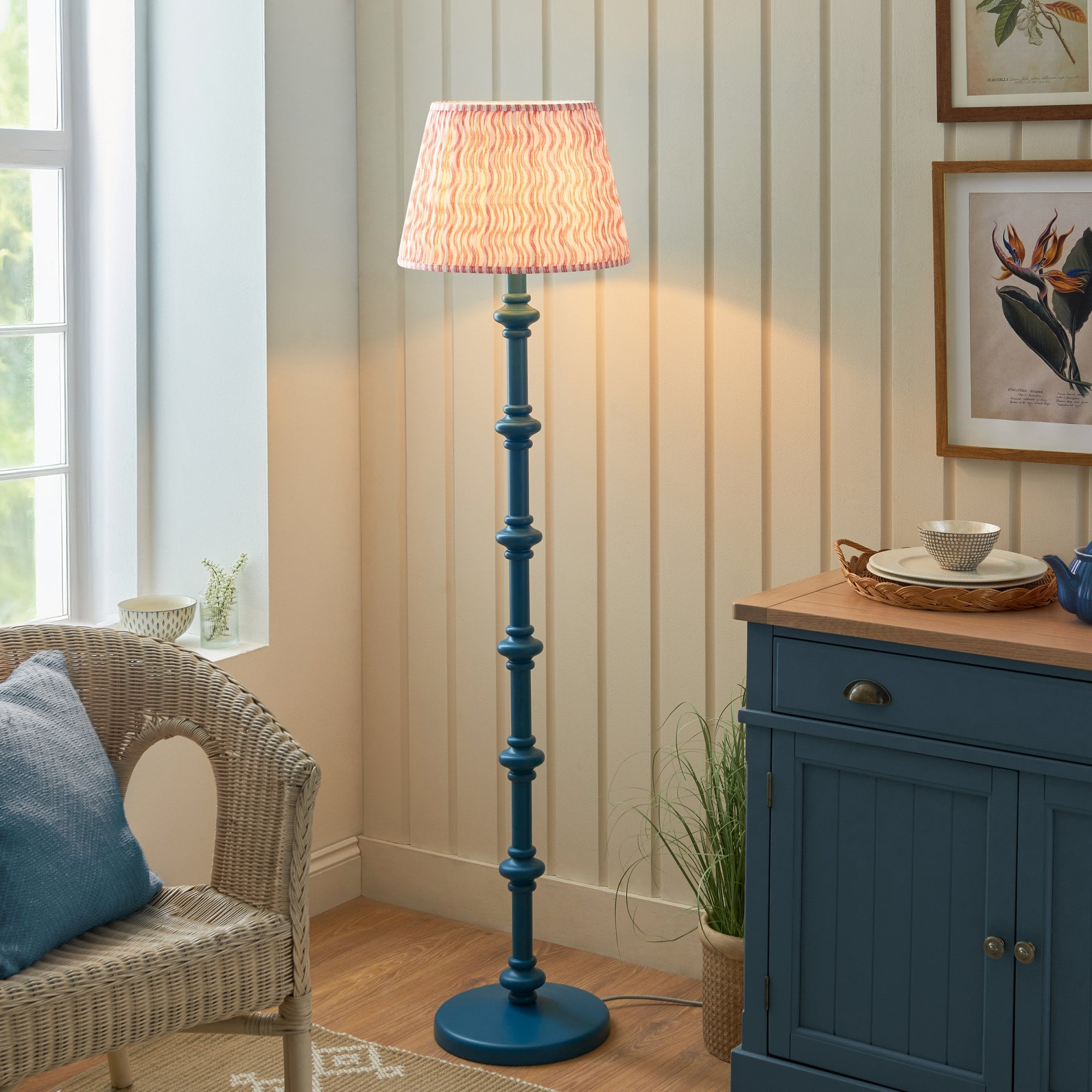 Endon Carnaby Satin Marlin Blue Floor Lamp & Ripple 40cm Coral Pink Shade