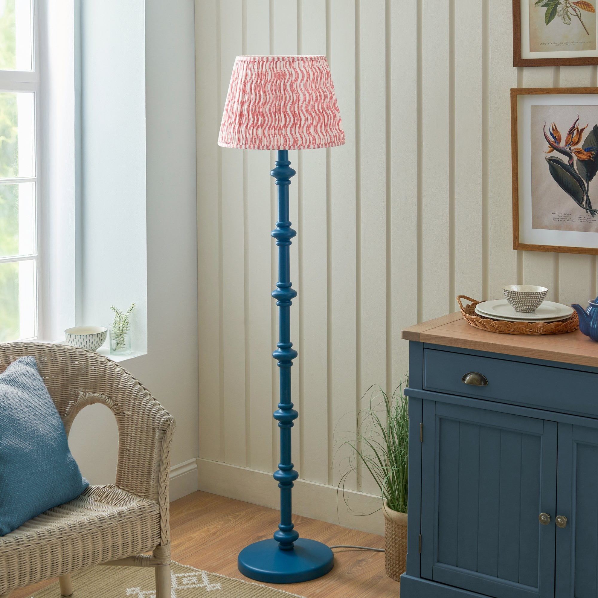 Endon Carnaby Satin Marlin Blue Floor Lamp & Ripple 40cm Coral Pink Shade