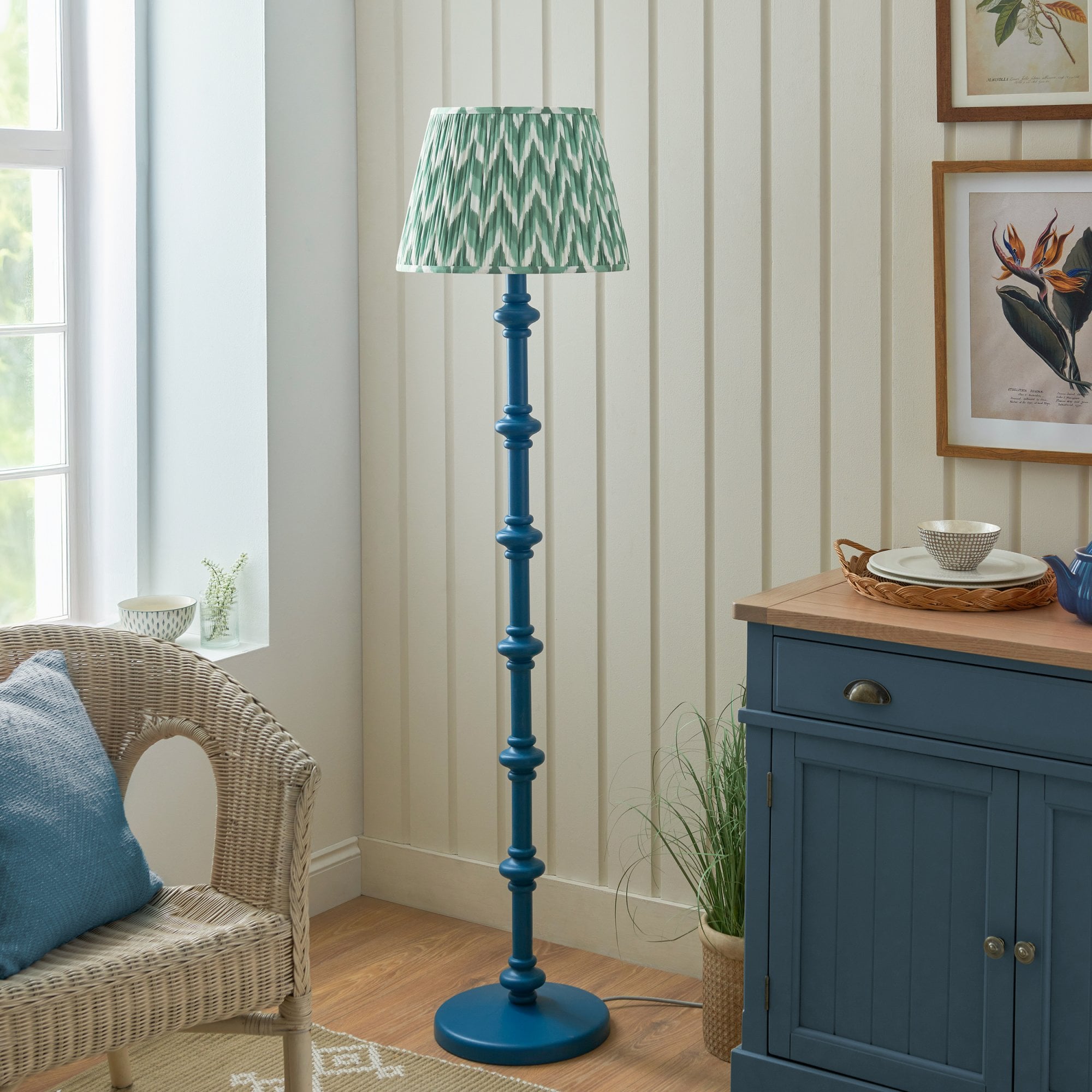 Endon Carnaby Satin Marlin Blue Floor Lamp & Zigzag 40cm Cotswold Green Shade
