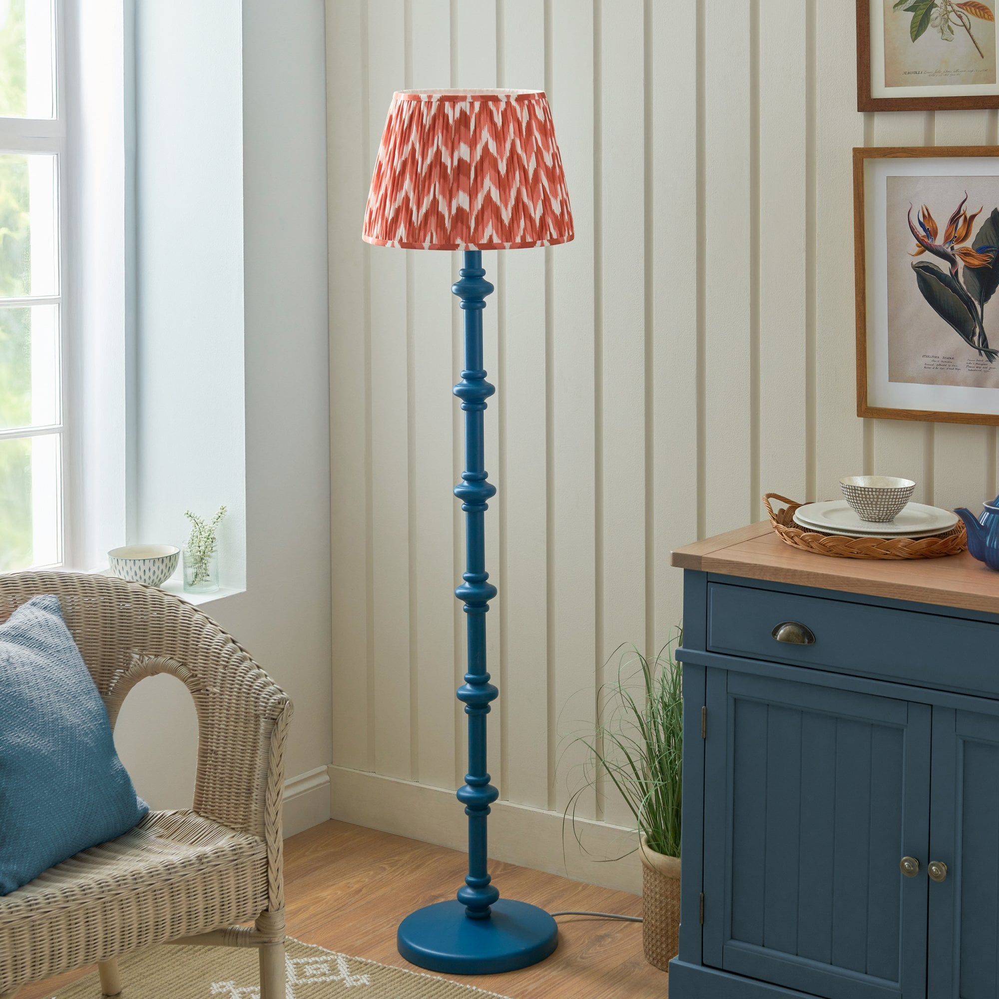 Endon Carnaby Satin Marlin Blue Floor Lamp & Zigzag 40cm Apricot Orange Shade
