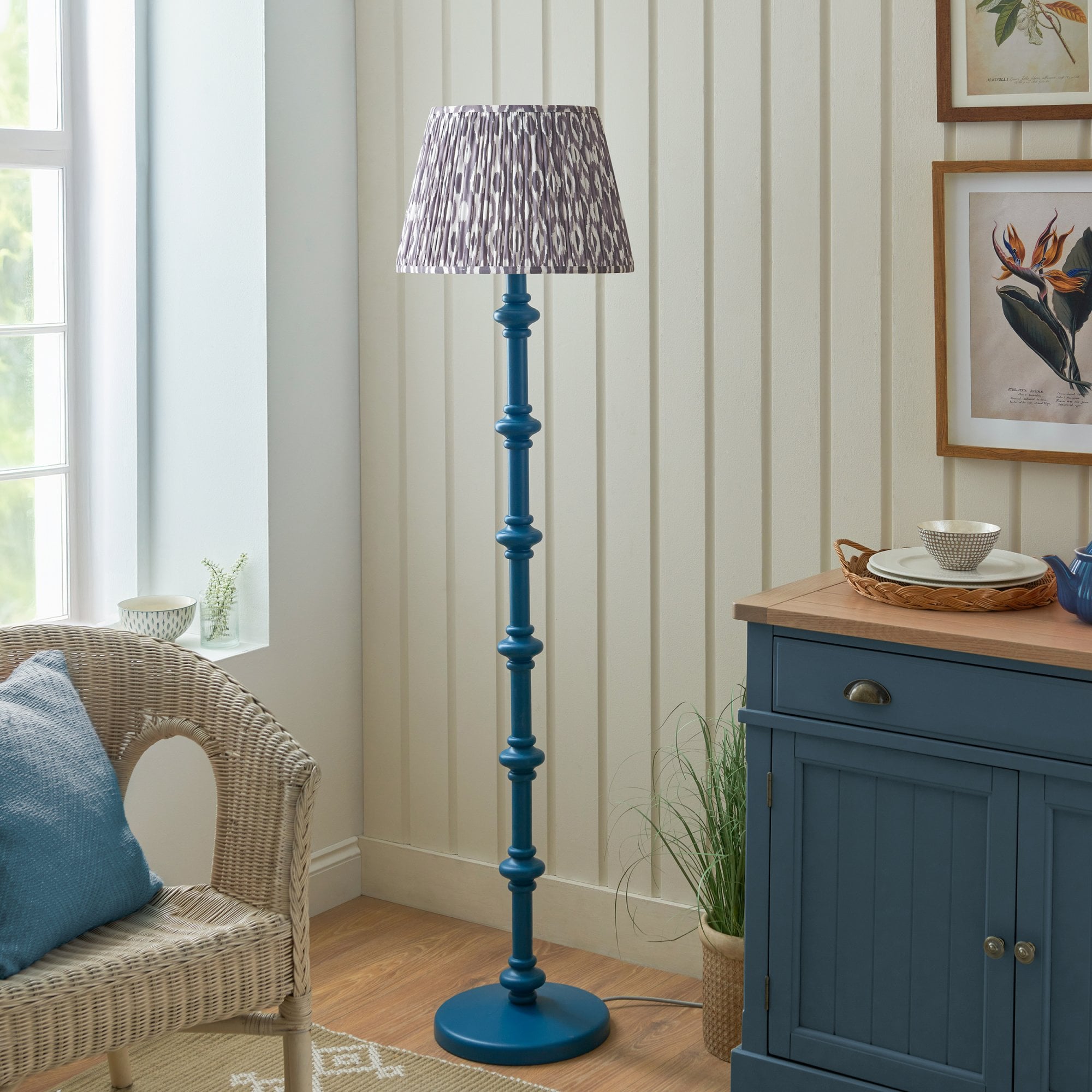 Endon Carnaby Satin Marlin Blue Floor Lamp & Ikat 40cm Pearl Grey Shade