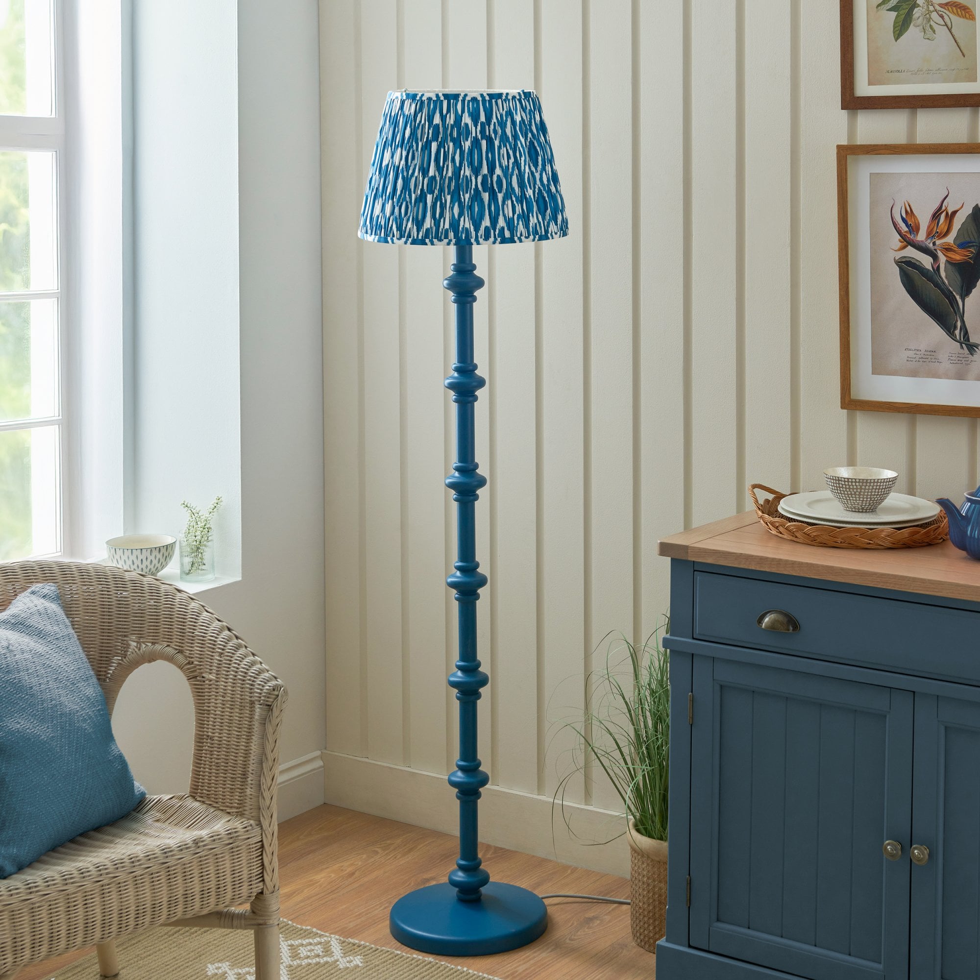 Endon Carnaby Satin Marlin Blue Floor Lamp & Ikat 40cm Marlin Blue Shade