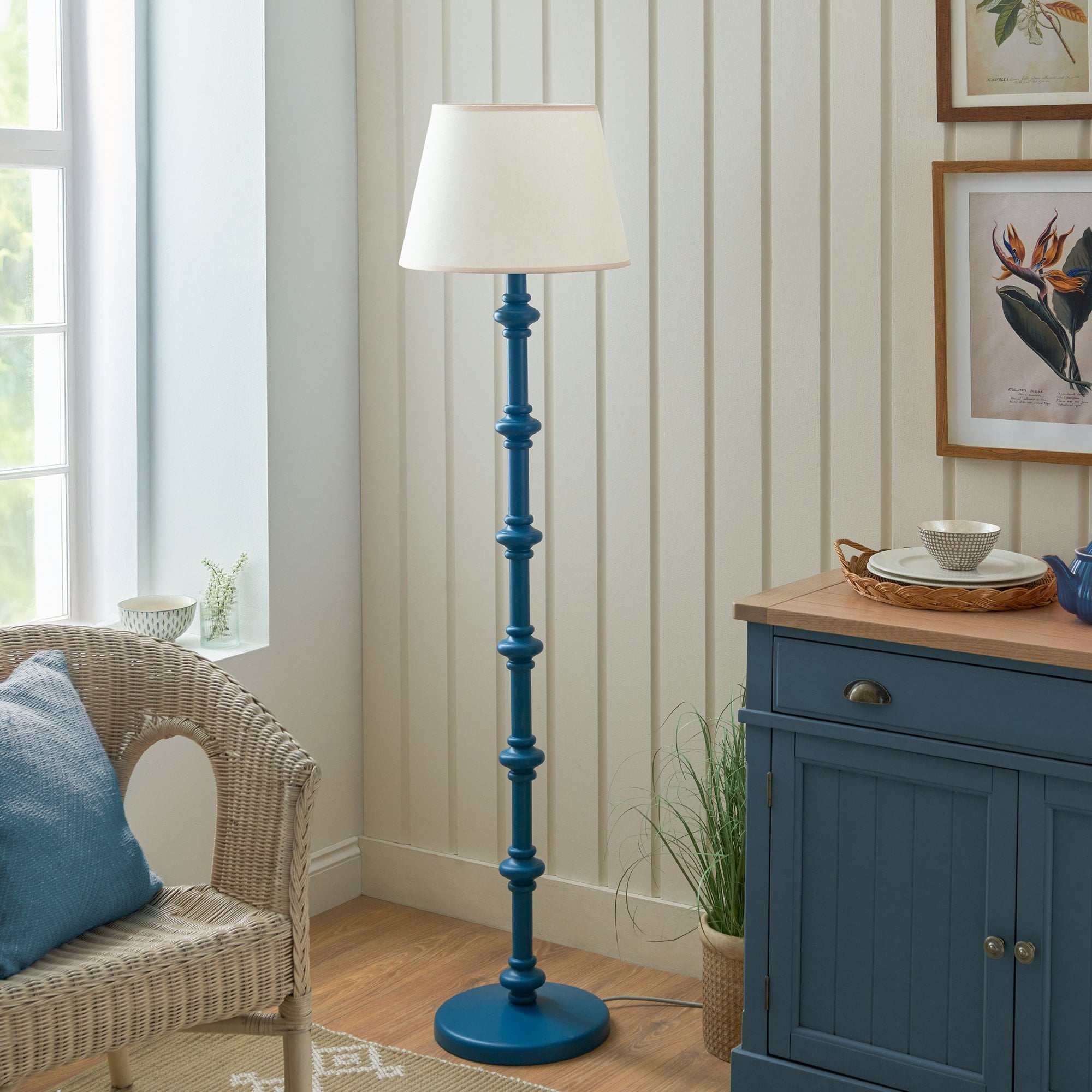 Endon Carnaby Satin Marlin Blue Floor Lamp & Ivy 40cm Vintage White Shade