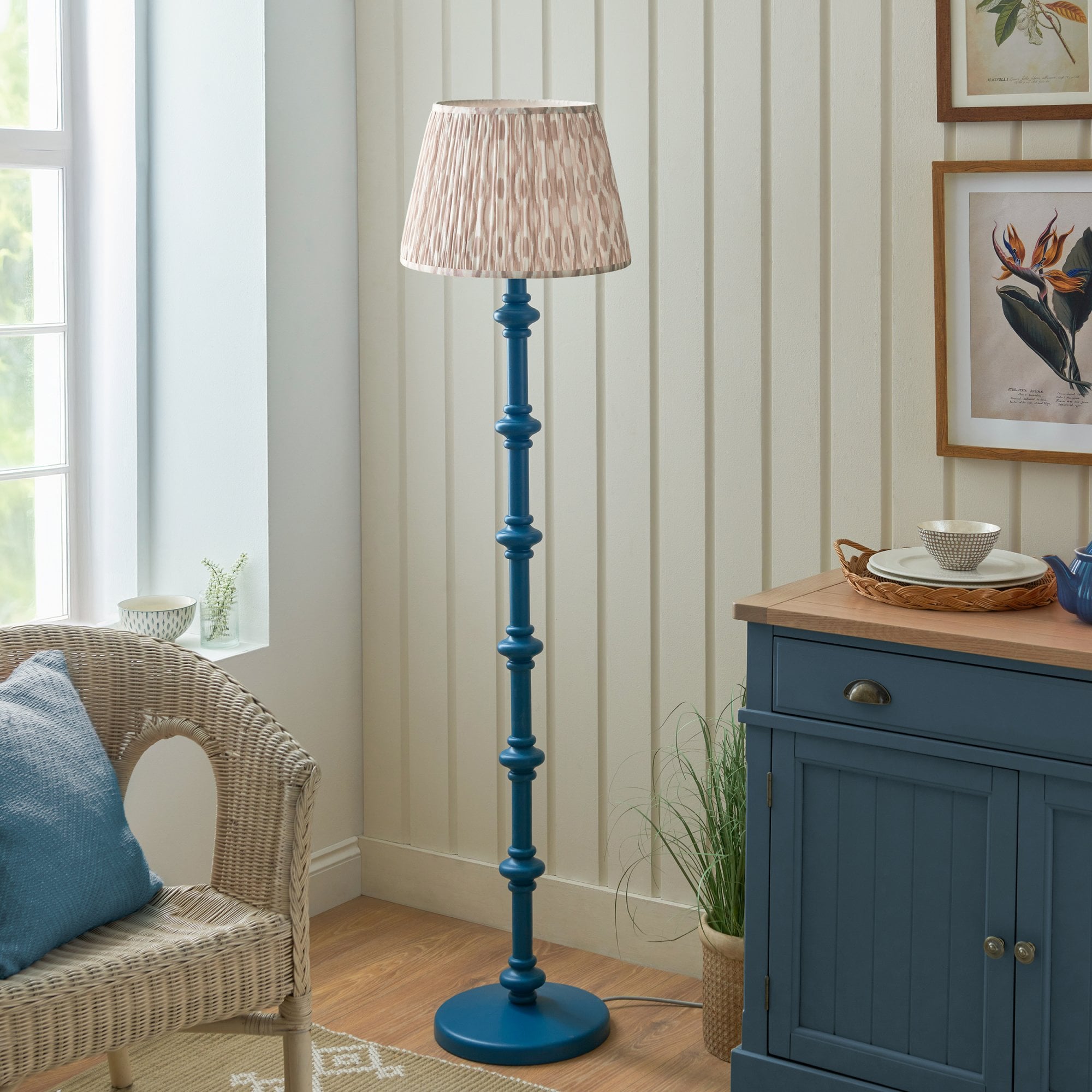 Endon Carnaby Satin Marlin Blue Floor Lamp & Ikat 40cm Neutral Shade