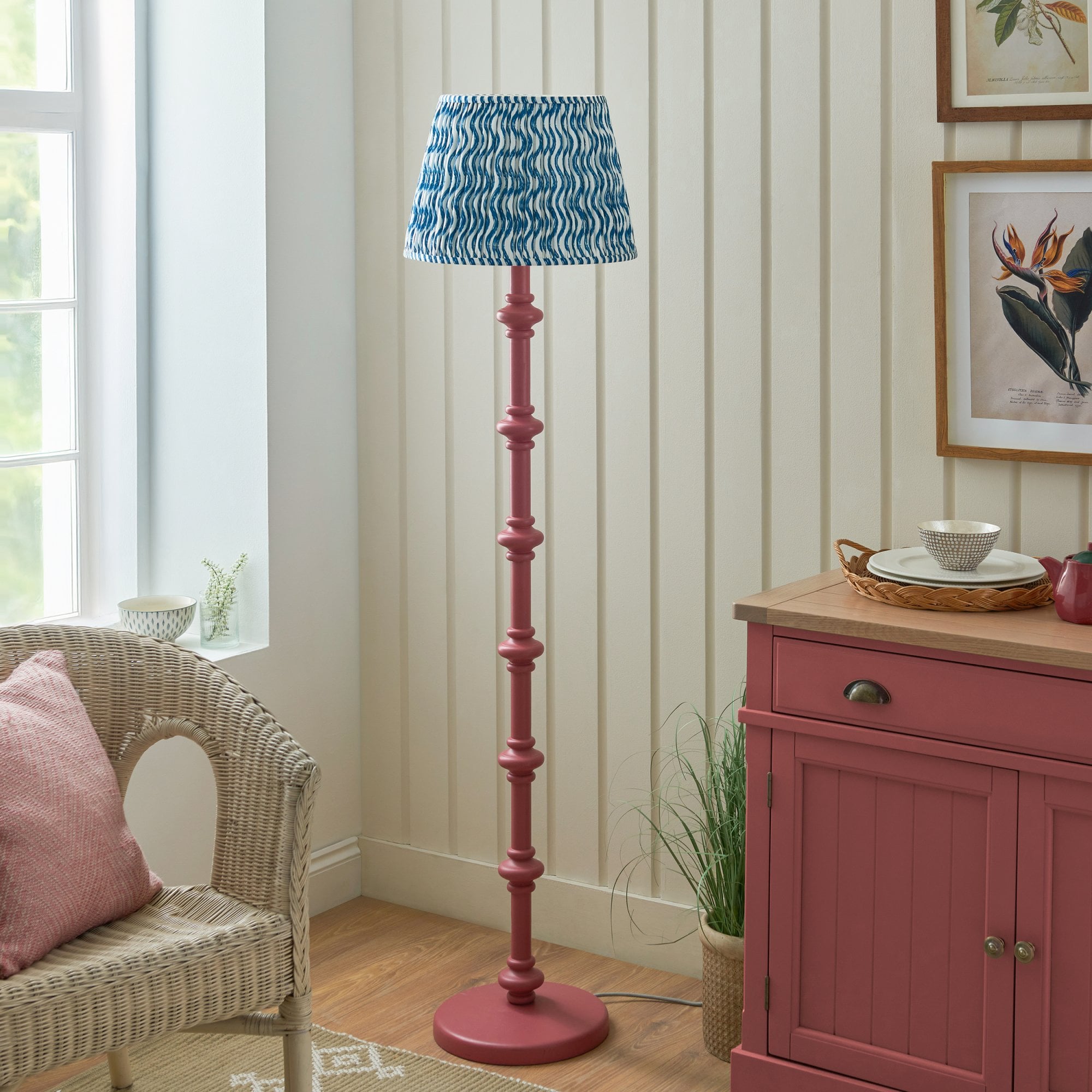 Endon Carnaby Satin Pink Clay Floor Lamp & Ripple 40cm Marlin Blue Shade