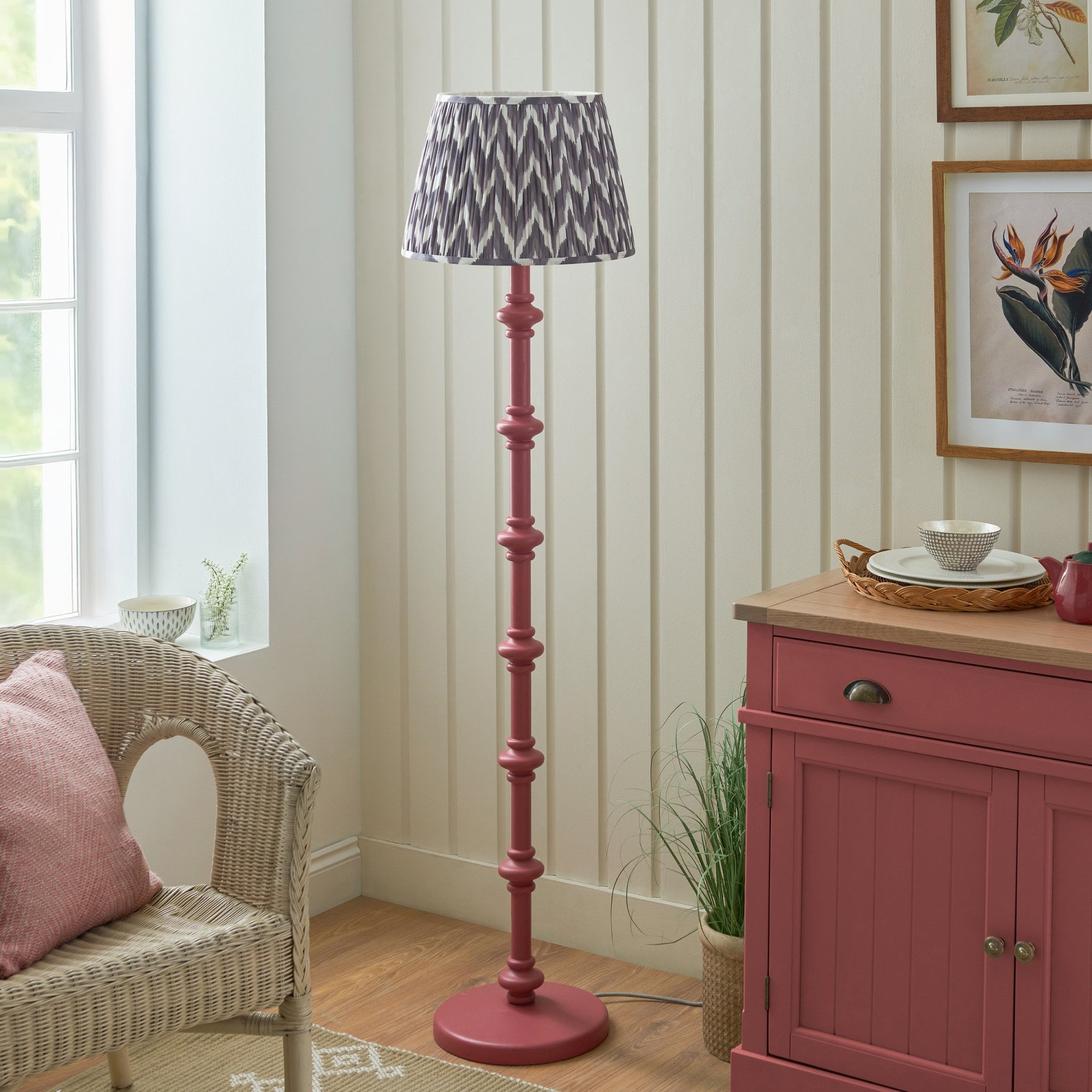 Endon Carnaby Satin Pink Clay Floor Lamp & Zigzag 40cm Pearl Grey Shade