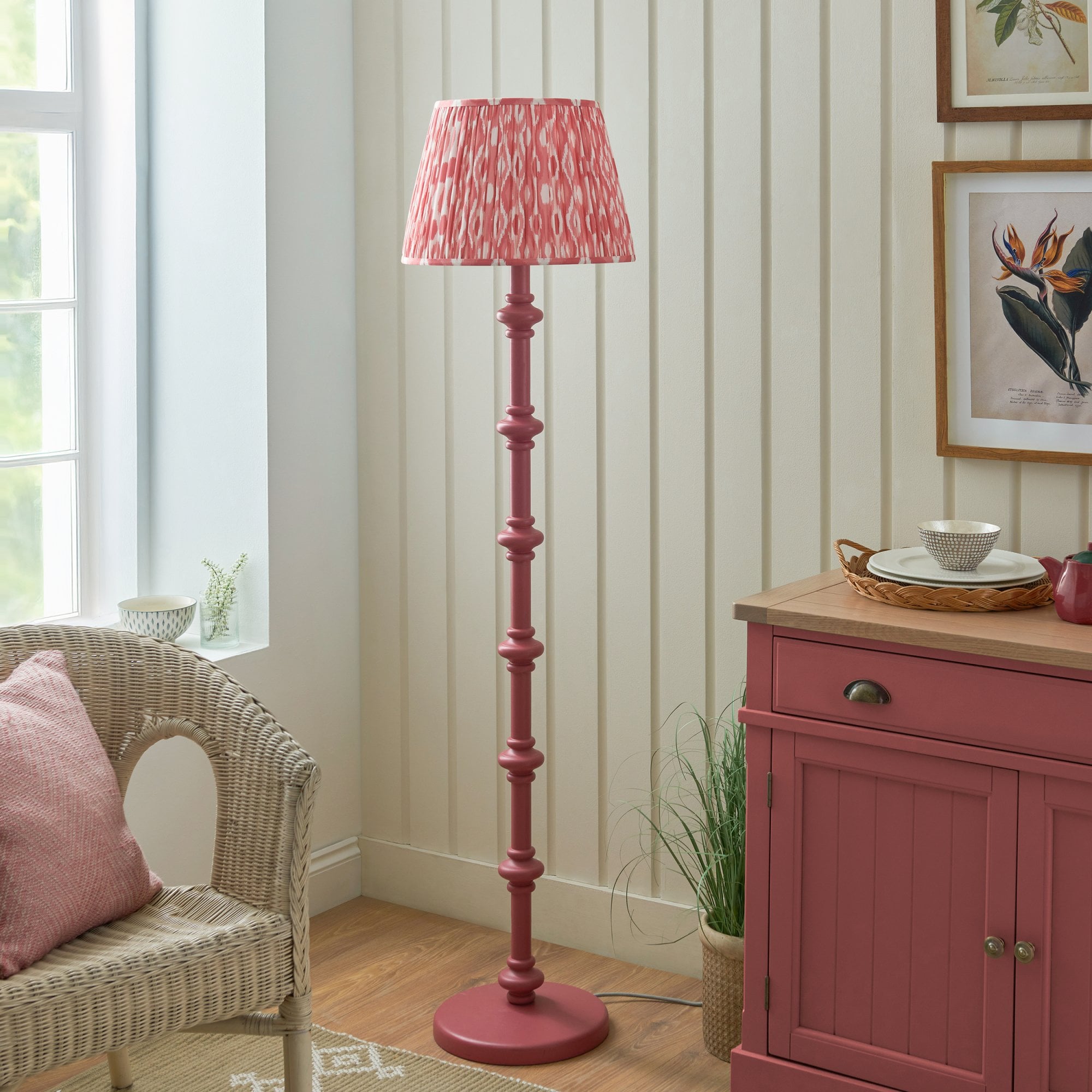 Endon Carnaby Satin Pink Clay Floor Lamp & Ikat 40cm Coral Pink Shade