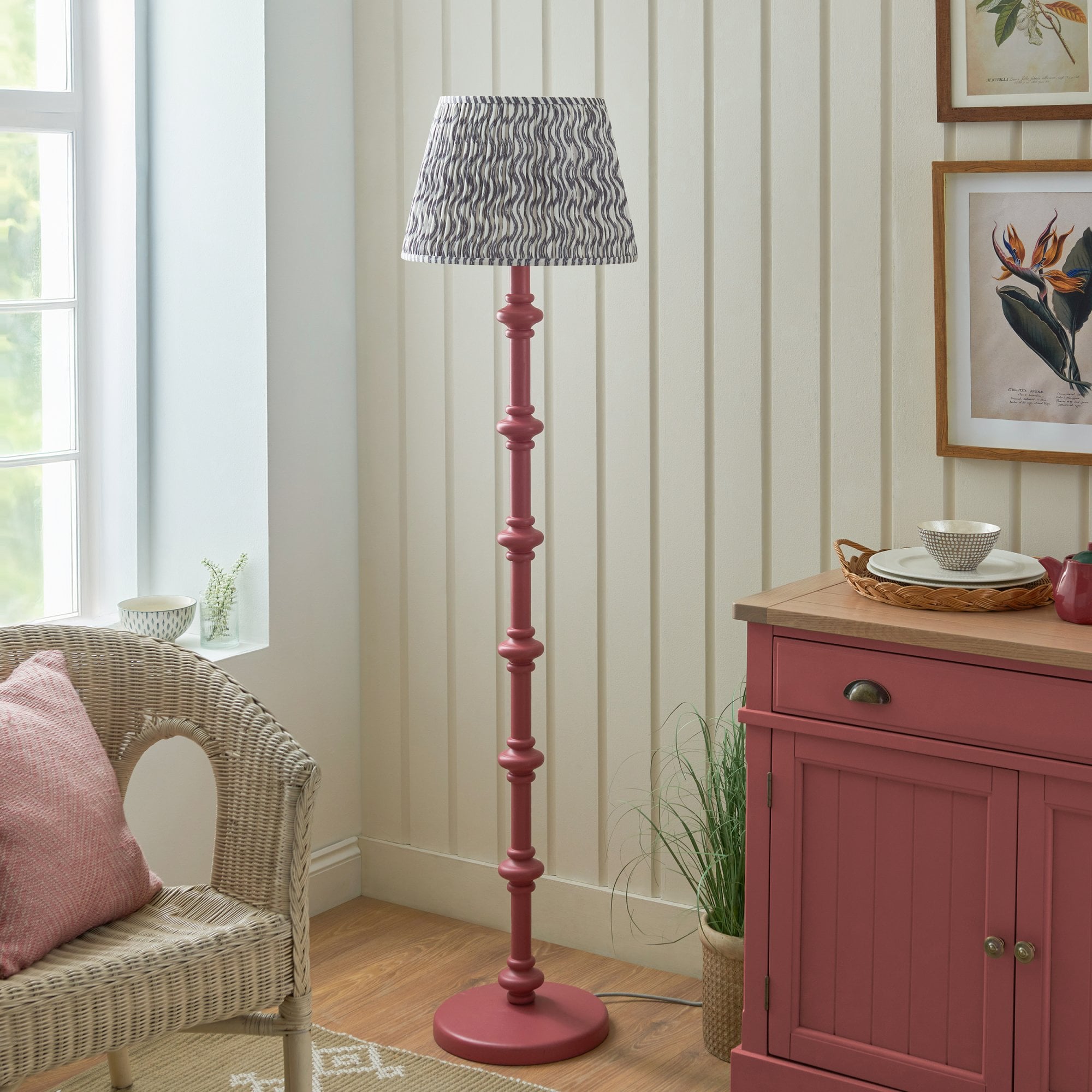 Endon Carnaby Satin Pink Clay Floor Lamp & Ripple 40cm Pearl Grey Shade