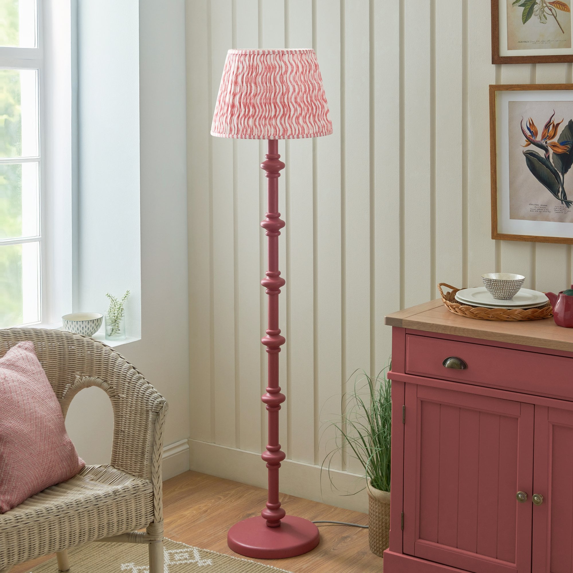 Endon Carnaby Satin Pink Clay Floor Lamp & Ripple 40cm Coral Pink Shade