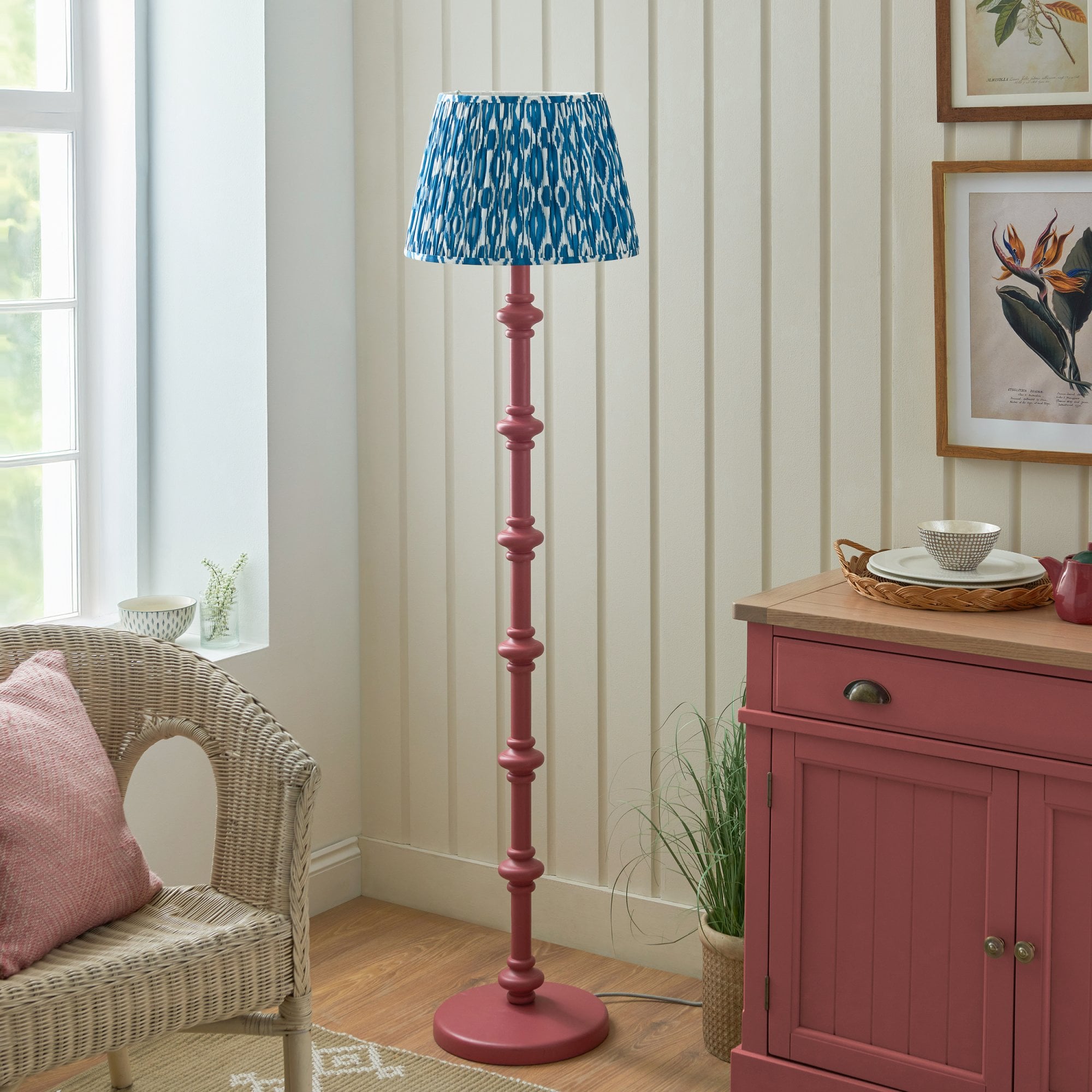 Endon Carnaby Satin Pink Clay Floor Lamp & Ikat 40cm Marlin Blue Shade