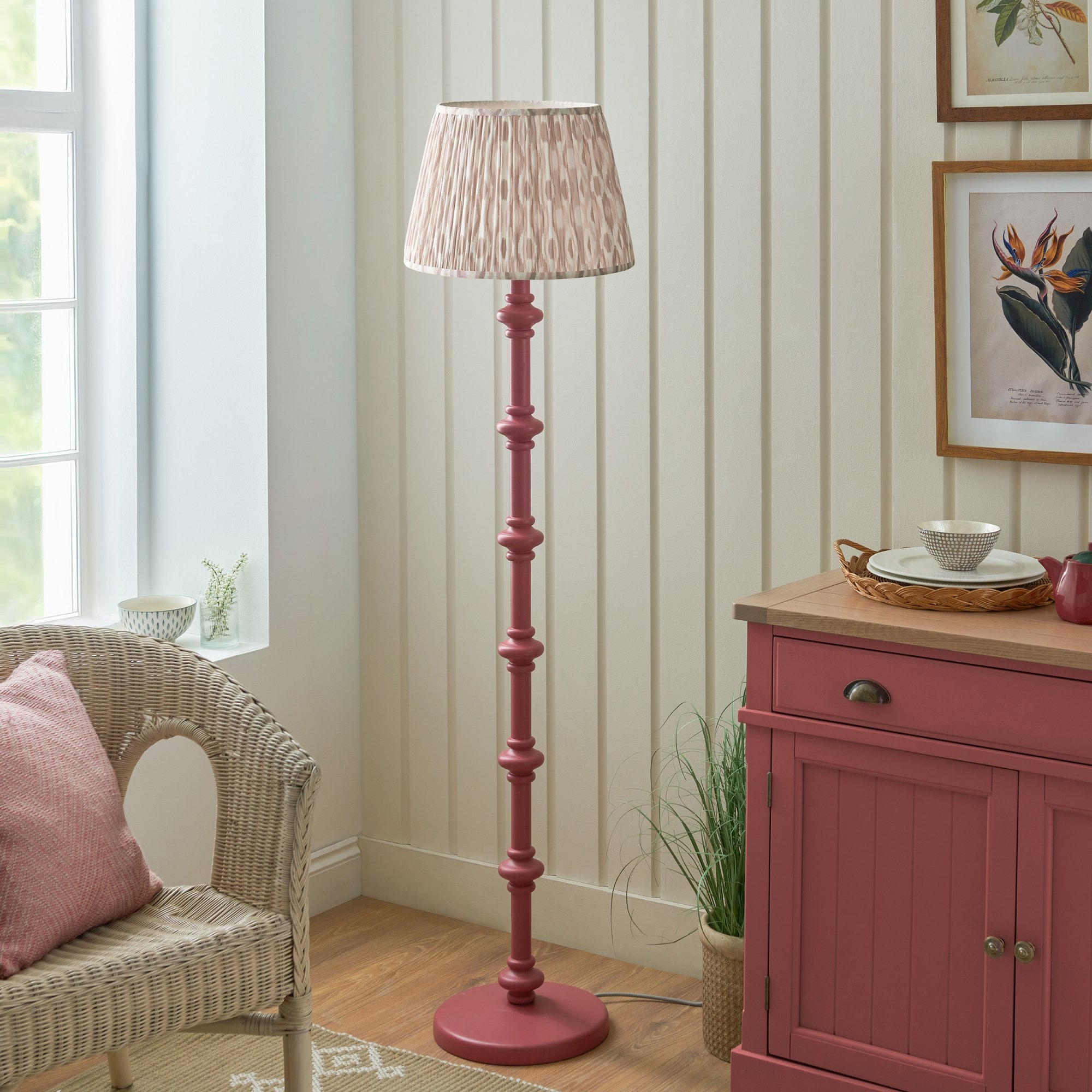 Endon Carnaby Satin Pink Clay Floor Lamp & Ikat 40cm Neutral Shade