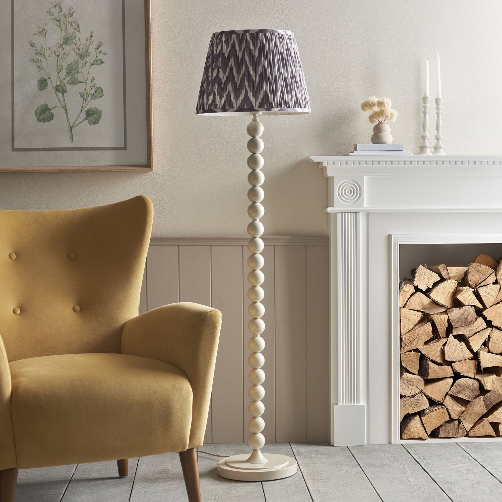 Endon Higgledy Gloss Almond White Floor Lamp & Zigzag 40cm Pearl Grey Shade