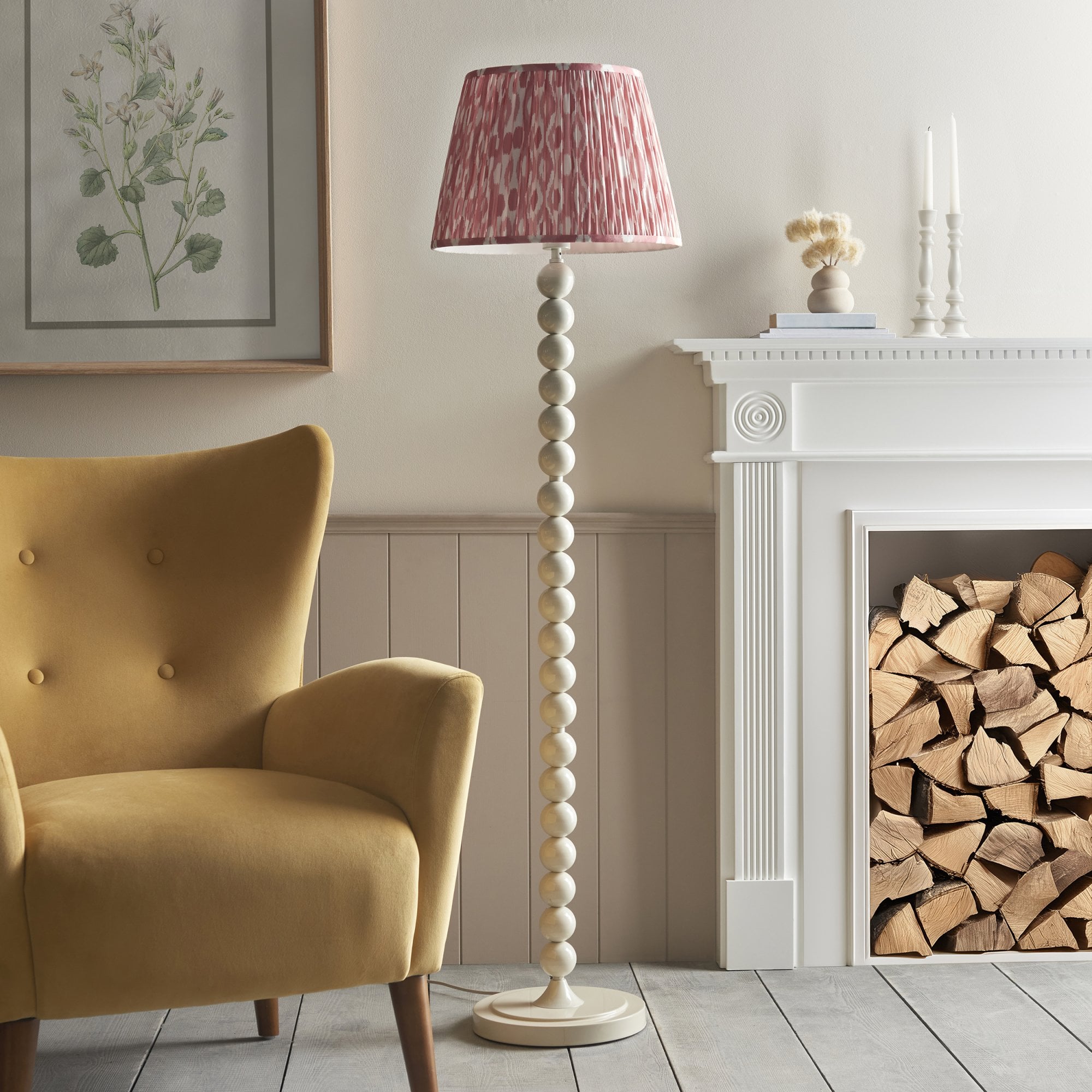 Endon Higgledy Gloss Almond White Floor Lamp & Ikat 40cm Coral Pink Shade