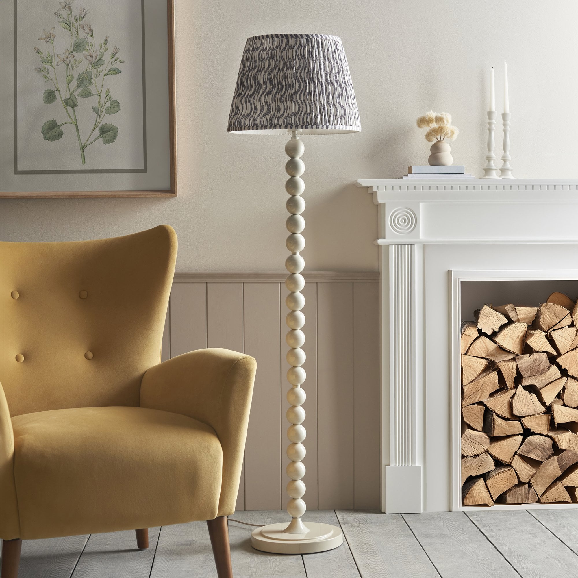 Endon Higgledy Gloss Almond White Floor Lamp & Ripple 40cm Pearl Grey Shade