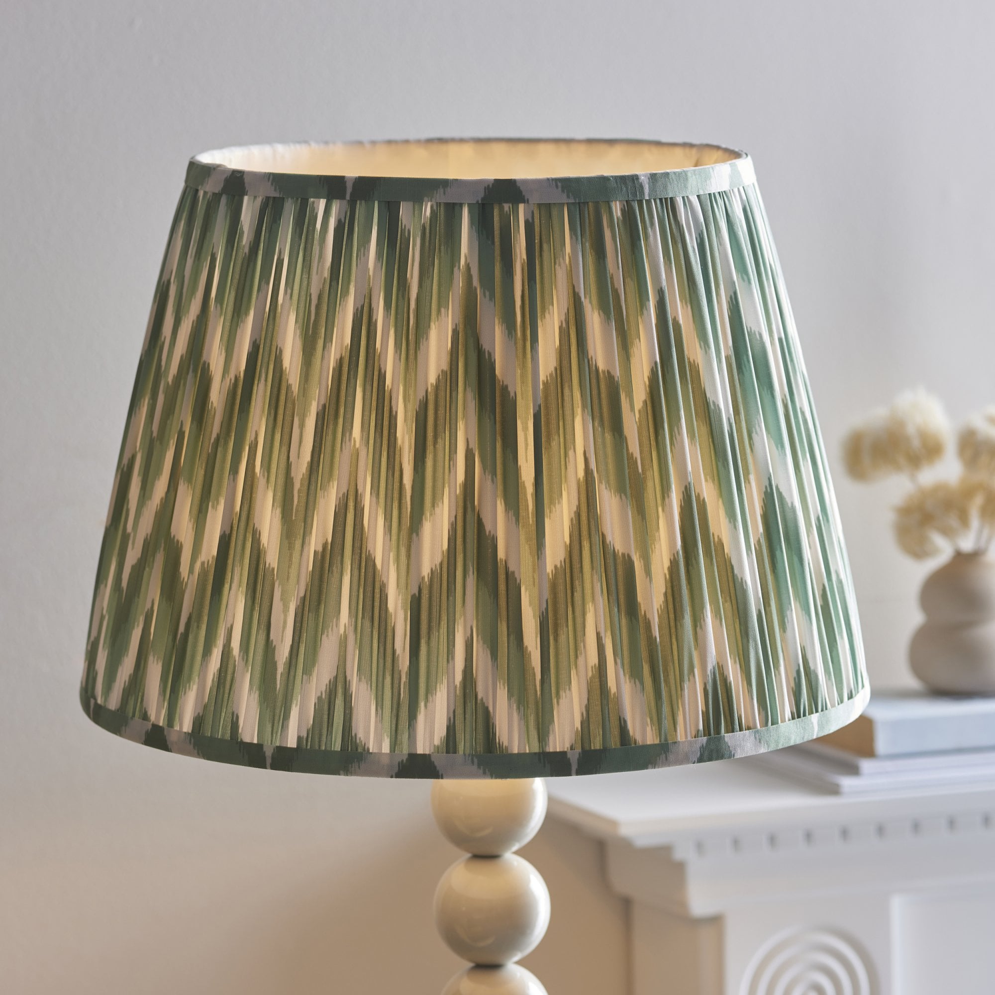 Endon Higgledy Gloss Almond White Floor Lamp & Zigzag 40cm Cotswold Green Shade