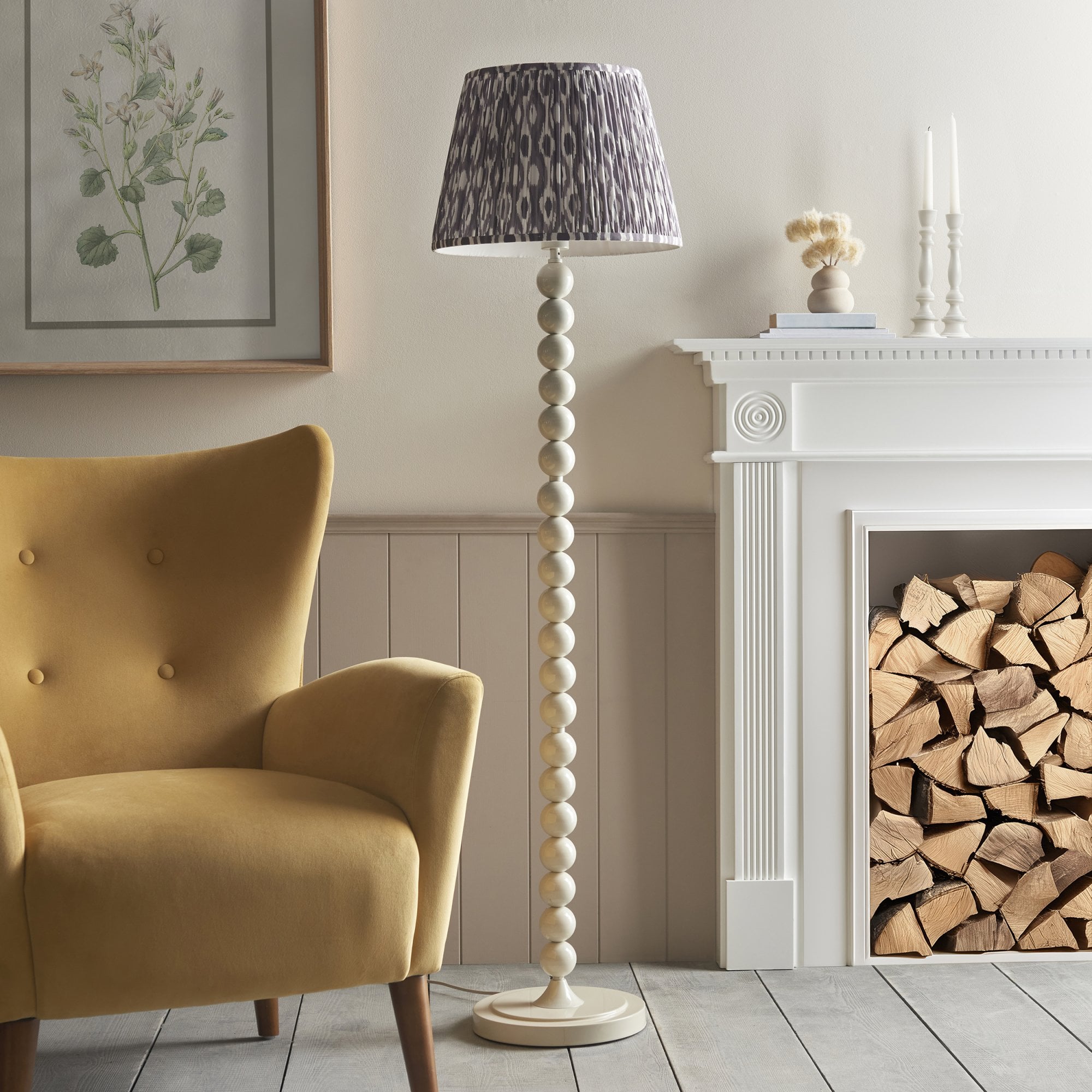 Endon Higgledy Floor Gloss Almond White Lamp & Ikat 40cm Pearl Grey Shade