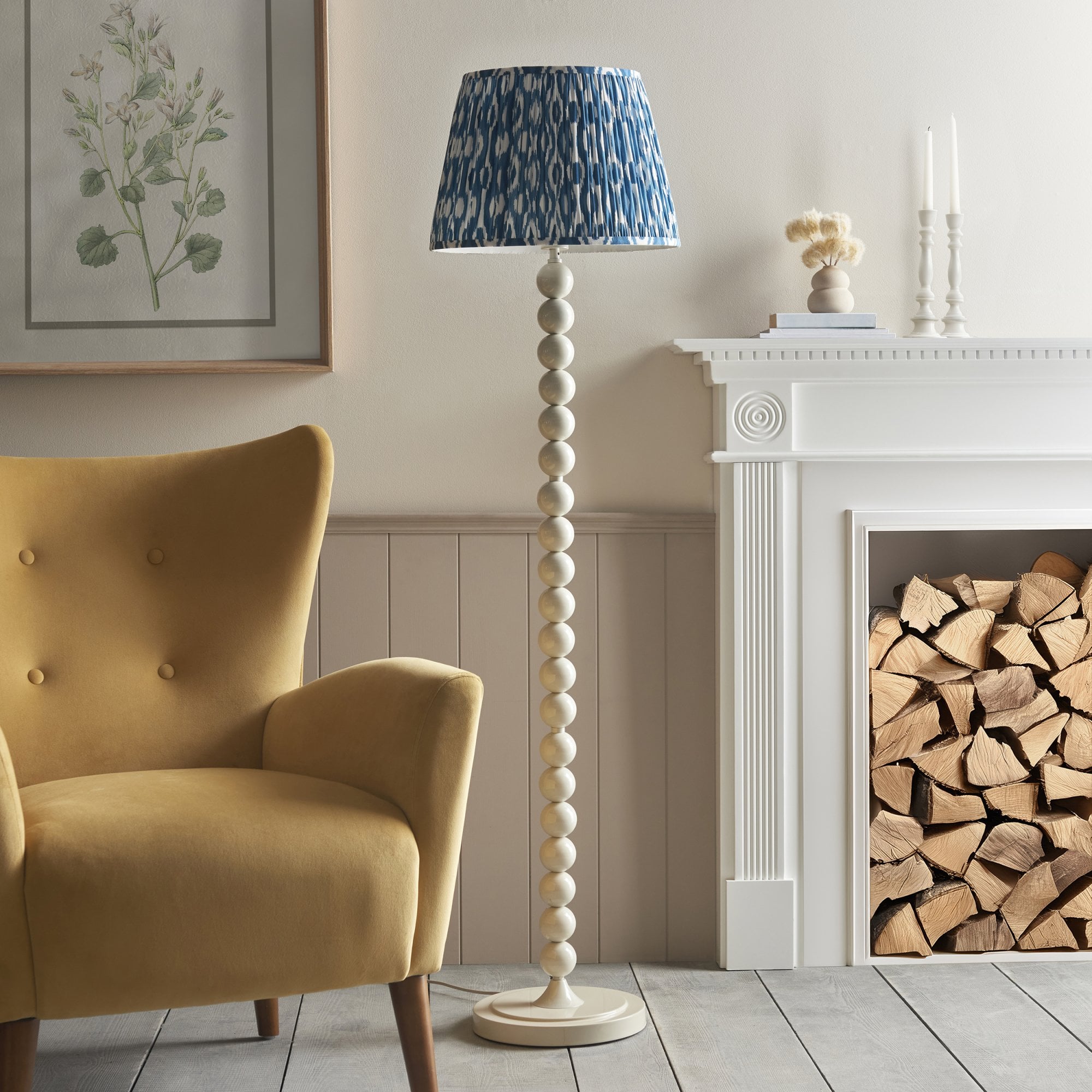Endon Higgledy Gloss Almond White Floor Lamp & Ikat 40cm Marlin Blue Shade