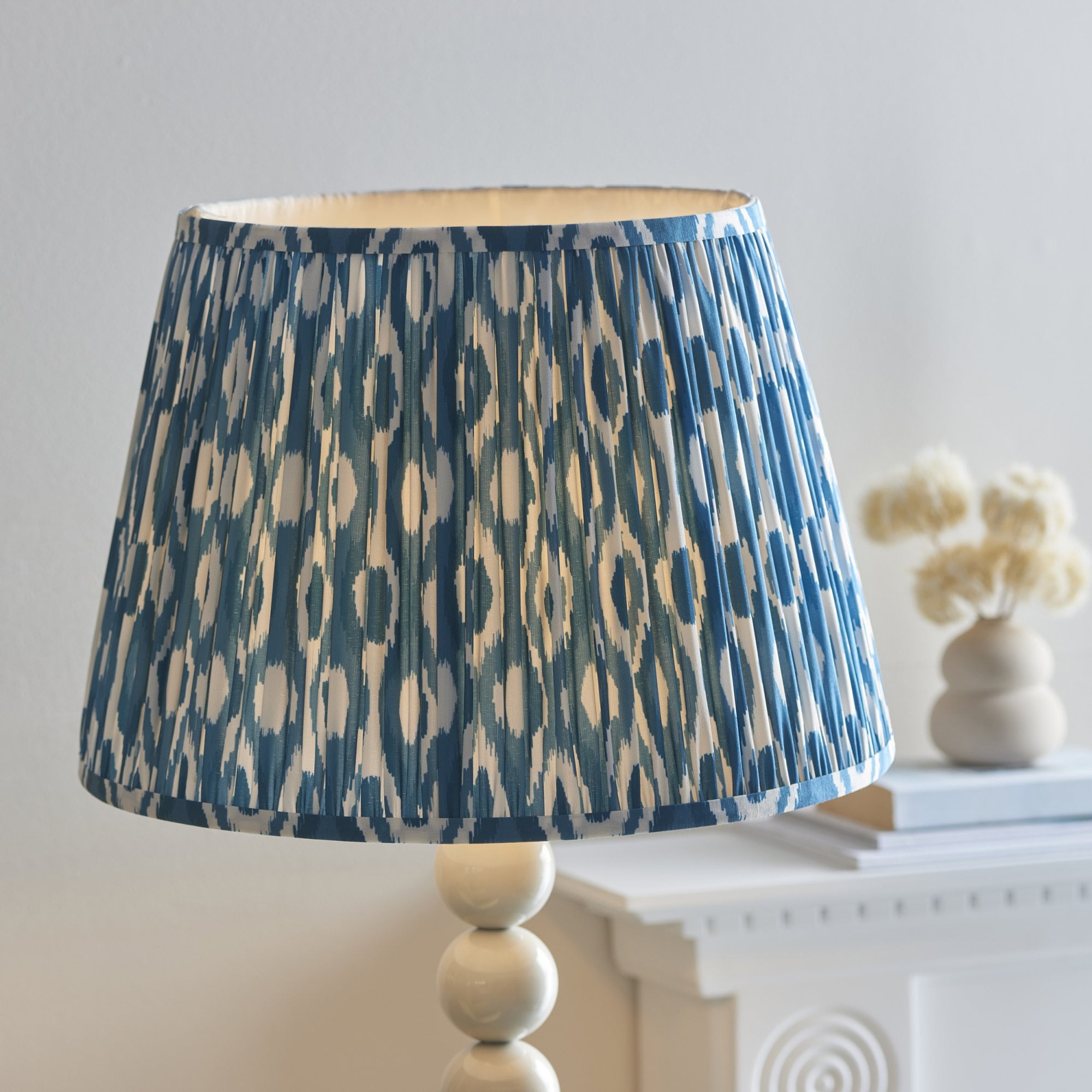 Endon Higgledy Gloss Almond White Floor Lamp & Ikat 40cm Marlin Blue Shade
