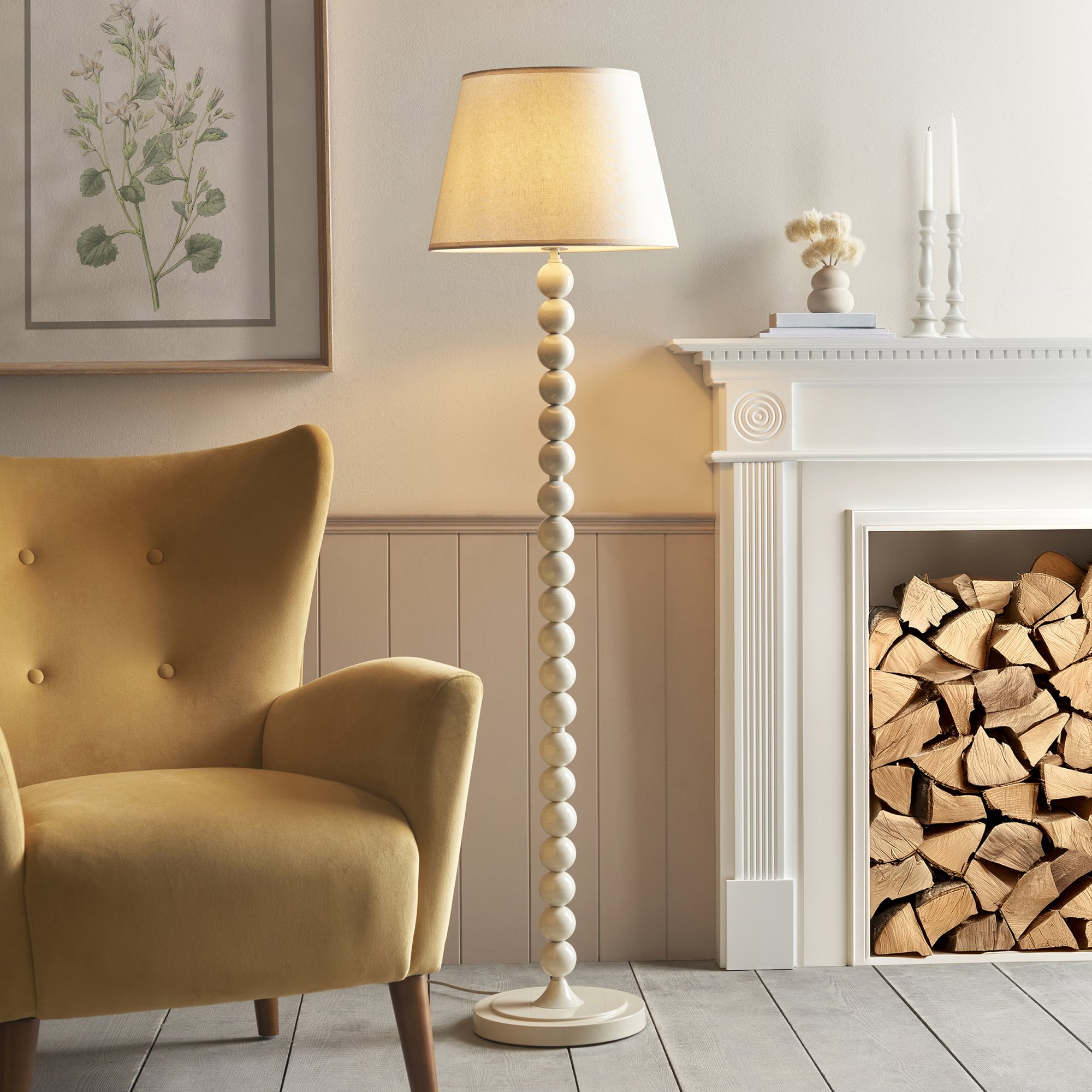 Endon Higgledy Gloss Almond White Floor Lamp & Ivy 40cm Vintage White Shade