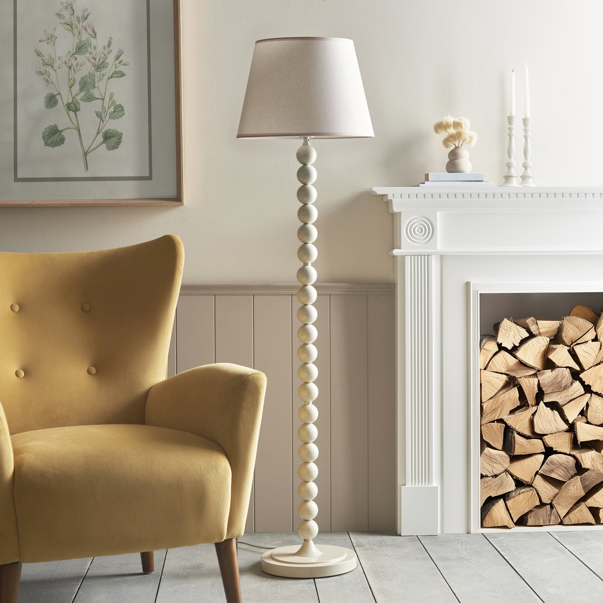 Endon Higgledy Gloss Almond White Floor Lamp & Ivy 40cm Vintage White Shade
