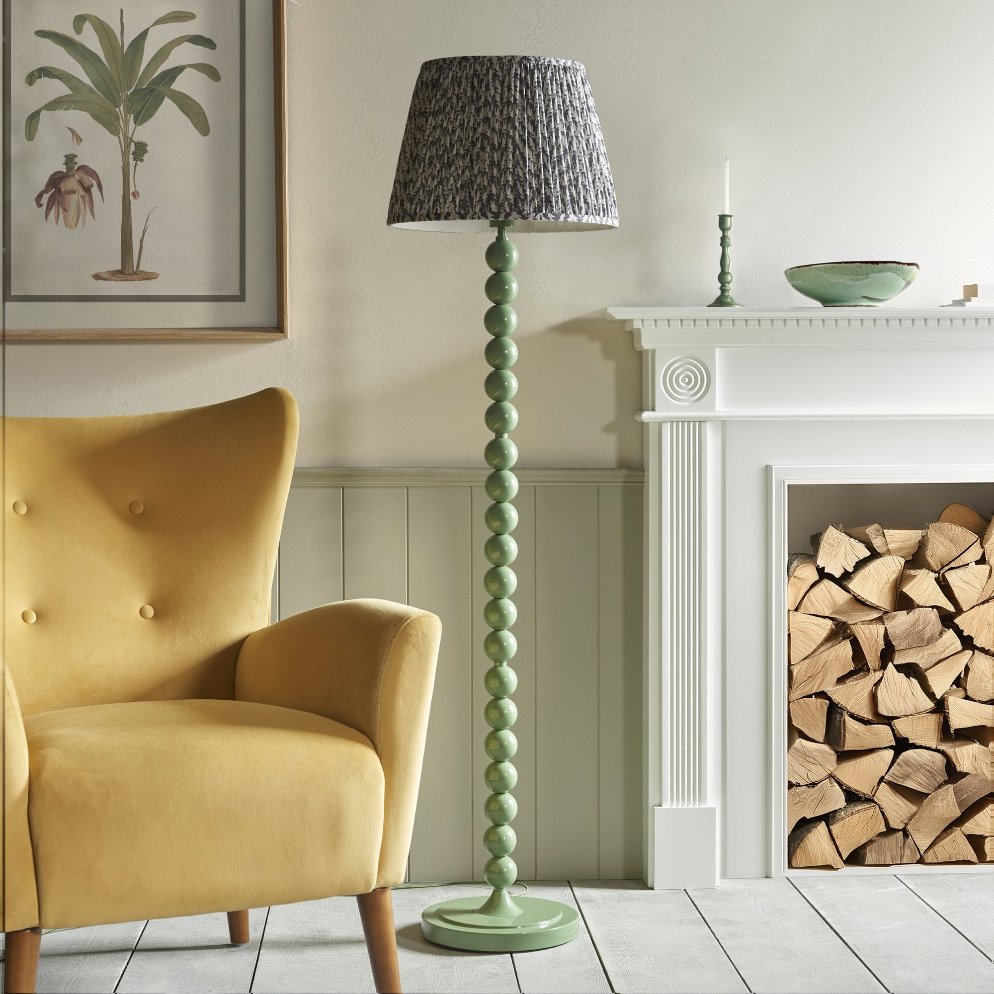 Endon Higgledy Gloss Cotswold Green Floor Lamp & Leaf 40cm Pearl Grey Shade