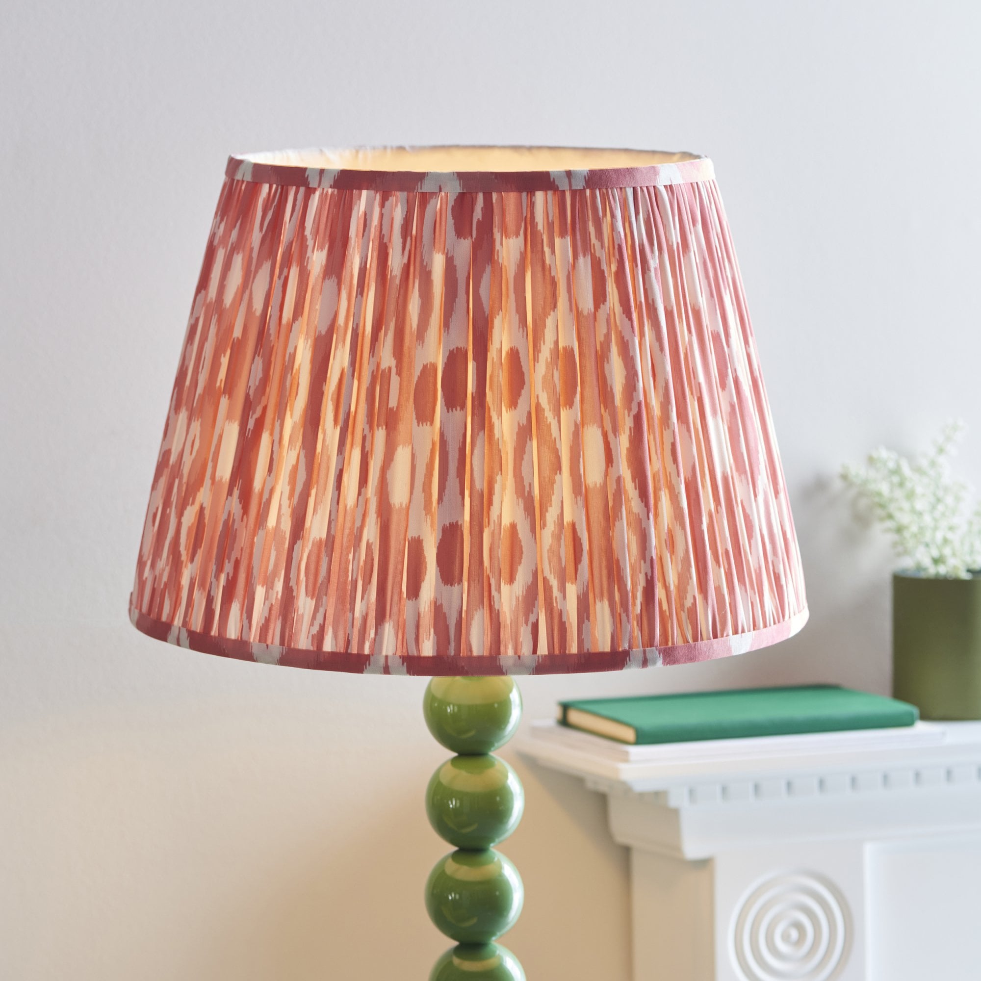 Endon Higgledy Gloss Cotswold Green Floor Lamp & Ikat 40cm Coral Pink Shade