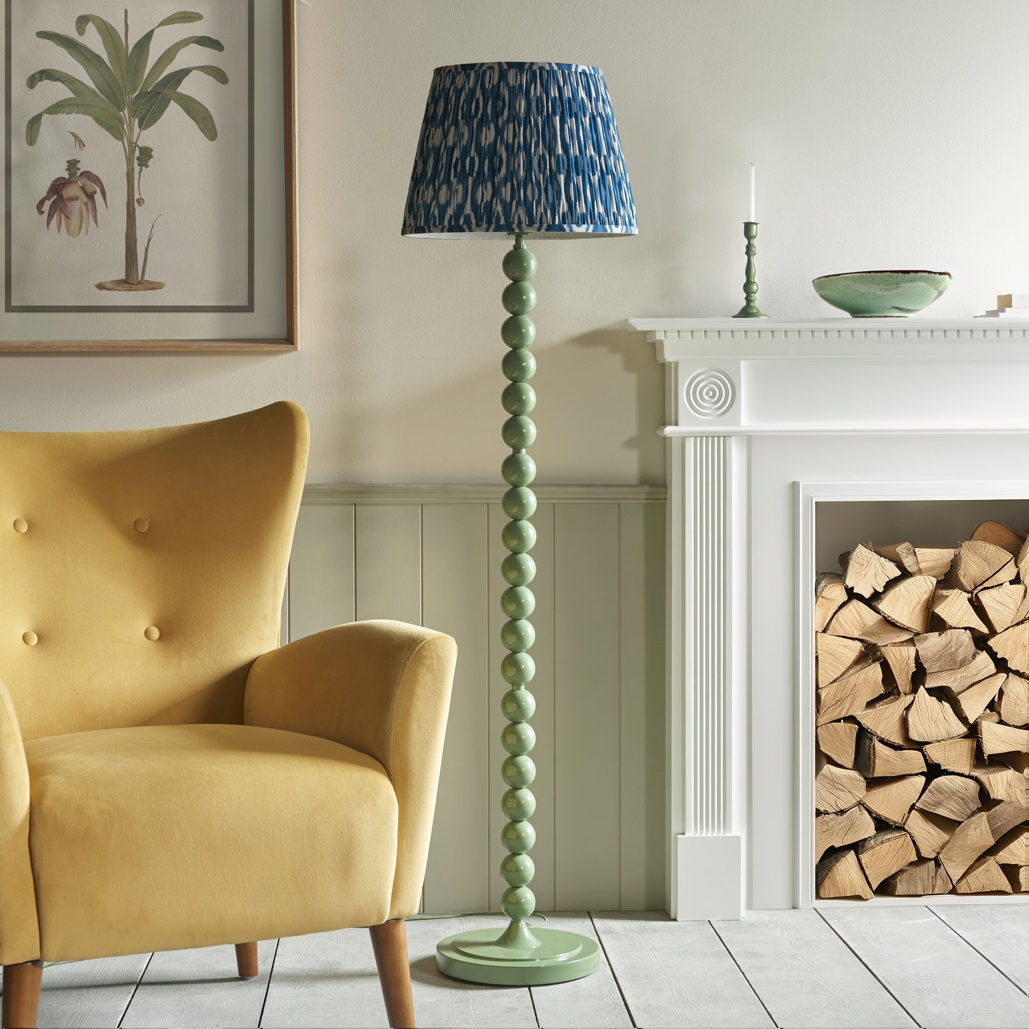 Endon Higgledy Gloss Cotswold Green Floor Lamp & Ikat 40cm Marlin Blue Shade
